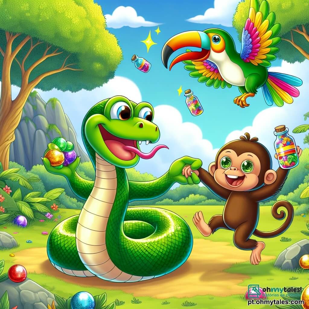 Um serpente chamado Serpentino, com escamas verdes e brilhantes, grandes olhos curiosos e um sorriso alegre, está dançando felizmente no meio de uma clareira ensolarada. Ao seu lado, uma pequena macaca chamada Mica, com pelagem marrom e olhos brilhantes, salta de alegria segurando tampinhas coloridas nas patas. Um tucano colorido chamado Tico, com um bico vibrante, voa acima deles rindo, acrescentando à atmosfera festiva. A clareira é cercada por árvores majestosas com folhas verdes, e o chão está coberto de flores coloridas e objetos brilhantes, criando um cenário alegre e vibrante. A cena principal mostra Serpentino e Mica se divertindo juntos, dançando e rindo, cercados por seu tesouro de coisas brilhantes, celebrando sua amizade em um momento de pura felicidade.