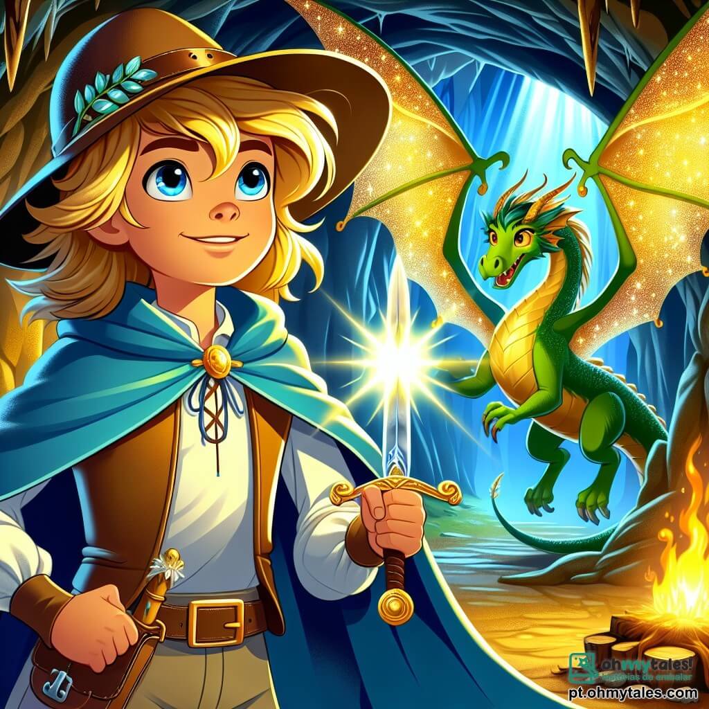 Um jovem chamado Henrique, com cerca de 12 anos, está corajosamente diante de uma caverna escura. Ele usa uma capa azul flutuante e um chapéu de aventureiro, com um olhar determinado e esperançoso. Em sua mão, ele segura uma espada de luz, pronto para enfrentar o desafio que o aguarda. Ao seu lado, a magnífica Rainha das Fadas, uma mulher mágica de cerca de 100 anos (mas com aparência de jovem), flutua graciosamente no ar. Seus cabelos dourados brilham como raios de sol e suas asas cintilantes emitem uma suave luz. Ela sorri agradecida a Henrique, reconhecendo seu coragem. Perto deles, um dragão majestoso, com escamas verdes brilhantes e olhos vermelhos, observa Henrique com um misto de desafio e interesse. A caverna é misteriosa, com paredes de pedra cobertas de cristais e sombras dançantes criadas pela luz da espada de Henrique. Tesouros cintilantes estão espalhados ao redor, adicionando magia ao ambiente. A cena principal mostra Henrique pronto para enfrentar o dragão, enquanto a Rainha das Fadas o encoraja com um sorriso, criando um momento de tensão e esperança, onde coragem e amizade se encontram em um mundo encantado.