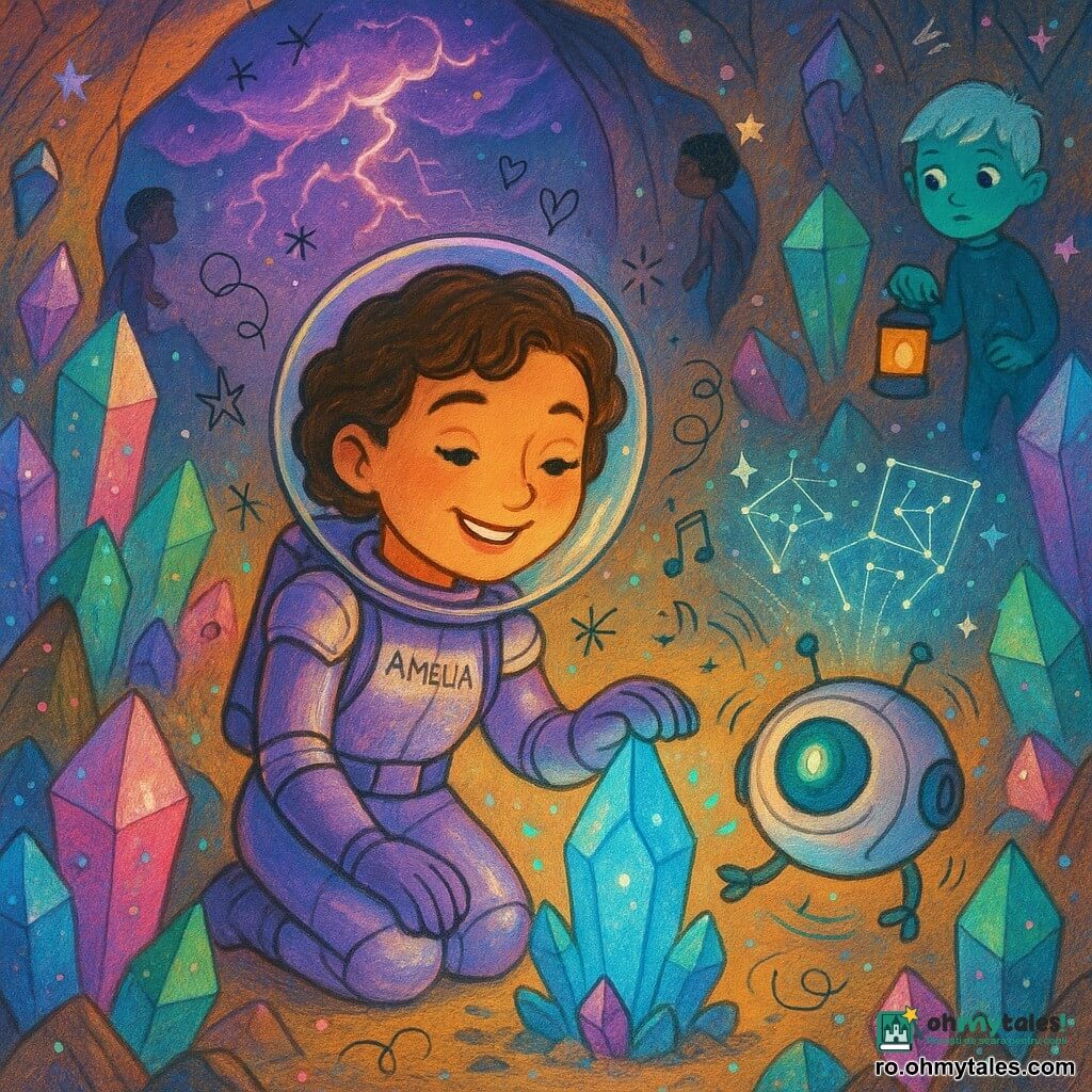 O exploratoare, Amelia, privește uimită și concentrată, zâmbitoare, în costum spațial ușor violet-argintiu, păr scurt și buclat, atingând delicat un cristal cântător ce emite scântei albastre; lângă ea vibrează un mic robot prietenos, rotund, cu un ochi verde luminos, proiectând holograme cu hărți stelare; la intrarea grotei, la câțiva pași în spate, un băiat lunar de circa 8 ani, piele ușor turcoaz și păr alb, timid și curios, ține o lanternă; grota e căptușită cu cristale geometrice sclipitoare multicolore (albastre, roz, smarald) cu reflexii sidefii și scântei plutitoare, iar la intrare se apropie o furtună cosmică cu nori violacei și fulgere roz, creând o scenă centrată pe Amelia și cristal, plină de mirare și ușoară tensiune, în culori vii, texturi lucioase, contururi moi și atmosferă magică și sigură.