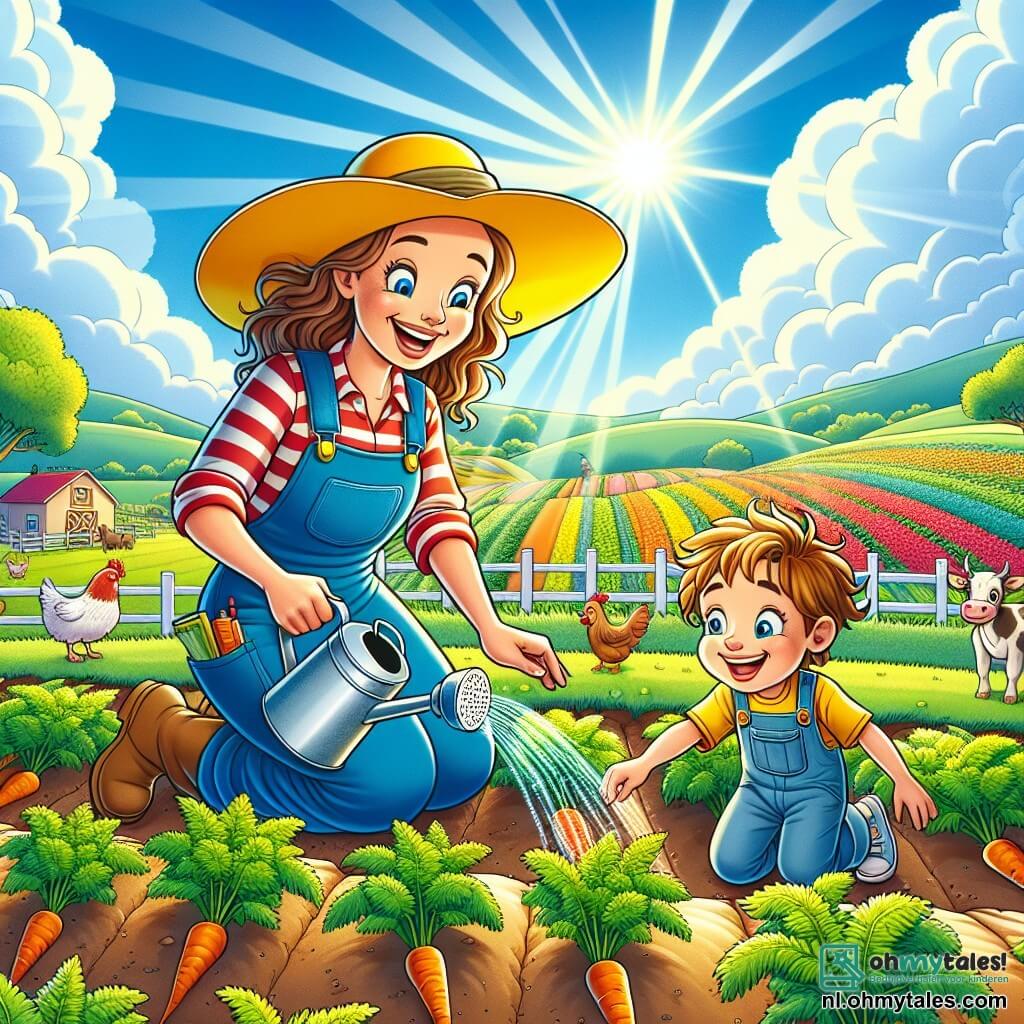 Een glimlachende boerin, Anja, in haar dertig, draagt een grote gele hoed en een blauwe overall met zakken vol verrassingen. Ze zit in een groen veld en water geeft aan jonge wortelplantjes met een gieter, haar gezicht straalt van vreugde en trots. Naast haar kijkt een zevenjarige jongen, Tim, met rommelig bruin haar, verwonderd toe terwijl hij een kleine gieter in zijn handen houdt, klaar om te helpen. De achtergrond toont een kleurrijke boerderij met uitgestrekte groentetuinen, en dieren zoals kippen en koeien die vredig op de achtergrond grazen, onder een stralende blauwe lucht met enkele witte wolken. De hoofdscène laat Anja en Tim zien die voor de jonge plantjes zorgen, terwijl ze een moment van samenzijn en leren in de natuur delen, verlicht door zonnestralen die hun harde werk verlichten.