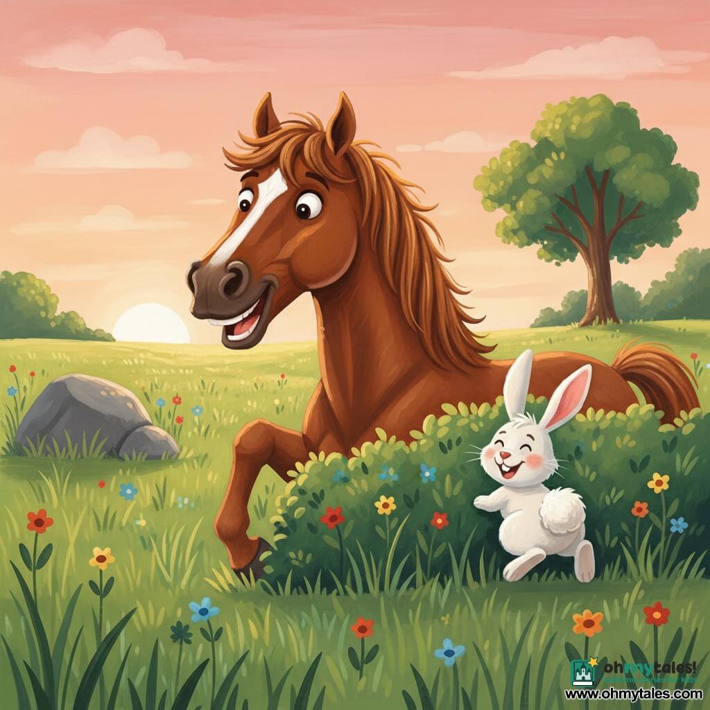 A large glossy brown horse with a shiny mane leans forward laughing mischievously as it spots a small fluffy white rabbit with pink ears peeking from behind a bush, showing only its round tail and smiling, ready to leap; the rabbit is just to the horse’s right. The setting is a green meadow with tall grass, a large gray rock, a thick-trunked tree and colorful flowers under a low sun painting the sky pink and orange. The scene depicts a playful, tender game of hide-and-seek rendered in soft gouache-like colors and visible brush textures.