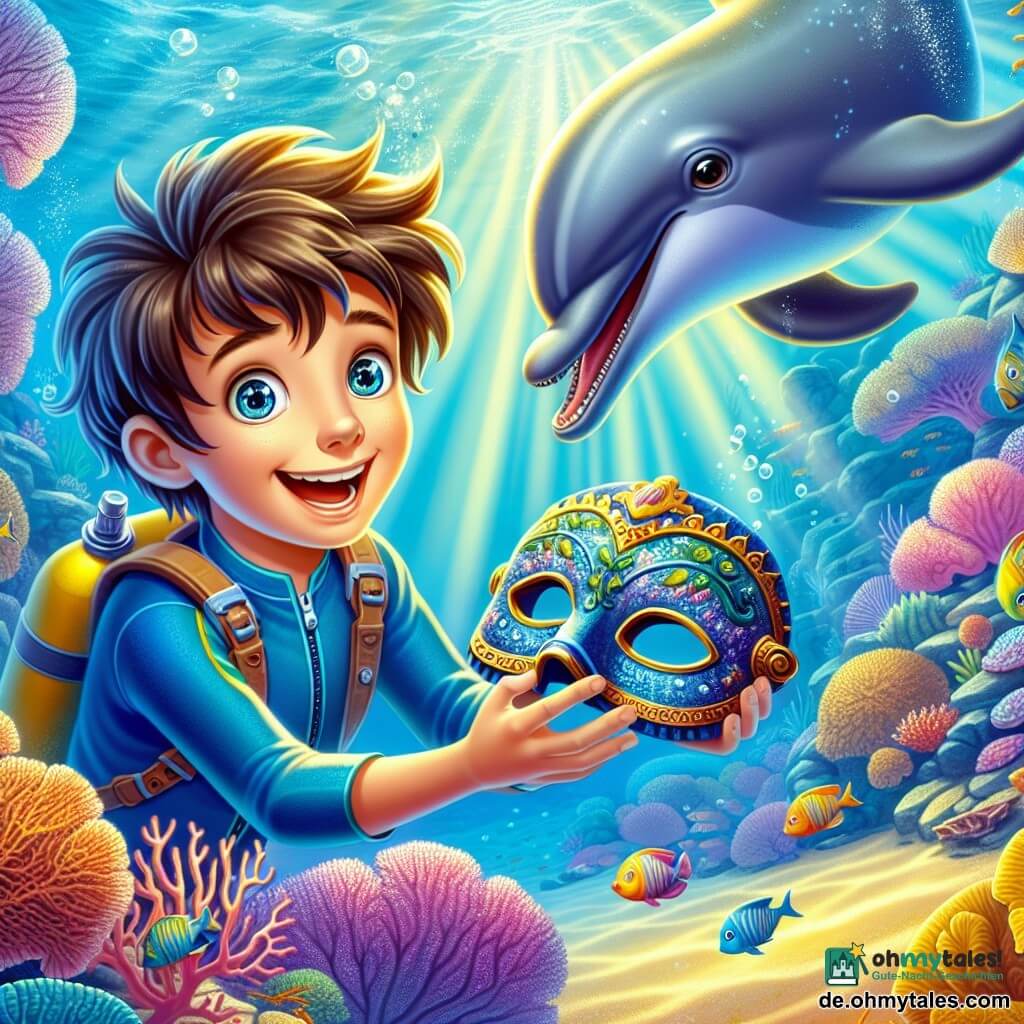 Ein 10-jähriger Junge, Timo, mit zerzausten braunen Haaren und neugierigen, funkelnden Augen, schwimmt fröhlich unter Wasser in einem blauen Taucheranzug. Sein Gesicht zeigt Staunen und Aufregung, während er eine antike Maske mit schimmernden Meeresmotiven hält. Neben ihm springt ein verspielter Delfin mit glatter, grauer Haut fröhlich und scheint ihn bei seiner Erkundung zu ermutigen. Die Szenerie ist ein wunderschönes Korallenriff, das mit leuchtenden Farben pulsiert: rosa, gelbe und lila Korallen, bewohnt von bunten Fischen, die um sie herum schwimmen. Lichtstrahlen filtern durch die Wasseroberfläche und erzeugen ein Spiel von Schatten und Licht auf dem goldenen Sand des Meeresbodens. Timo entdeckt die Magie des Meeres und ist von der Schönheit der ihn umgebenden Meereslebewesen fasziniert, während er sich der geheimnisvollen schimmernden Maske nähert, die auf dem Grund liegt.