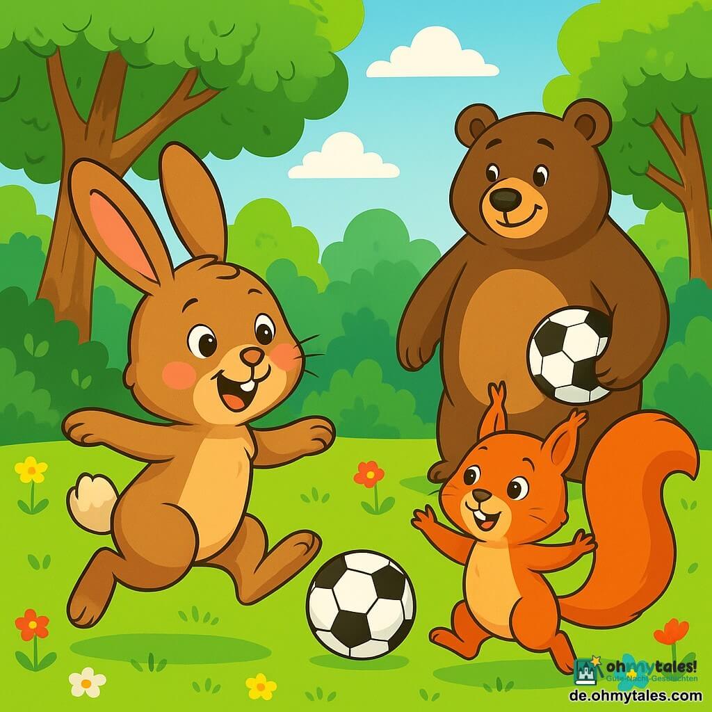 Ein fröhlicher kleiner Hase namens Felix mit weichem, braunem Fell, großen aufrechten Ohren und neugierigen, funkelnden Augen springt begeistert auf einem grünen Spielplatz. Er lächelt breit, seine rosigen Wangen verraten seine Aufregung, während er sich darauf vorbereitet, mit seinen Freunden Fußball zu spielen. Neben ihm steht ein kleines Eichhörnchen namens Mia mit rotem Fell und einem buschigen Schwanz, das voller Energie und Freude die Pfoten in die Luft hebt, bereit zu rennen. Im Hintergrund steht ein großer, kräftiger Bär namens Ben mit dunklem Fell, der freundlich lächelt und einen Fußball unter seiner Pfote hält. Der Ort ist eine sonnige Lichtung, umgeben von majestätischen Bäumen mit leuchtend grünen Blättern und bunten Blumen auf dem Boden, was eine fröhliche und einladende Atmosphäre schafft. In der Mitte versammeln sich die Tiere, um gemeinsam Fußball zu spielen, was den Teamgeist und die Gleichheit zeigt, während sie bereit sind, Spaß zu haben und zu lachen.