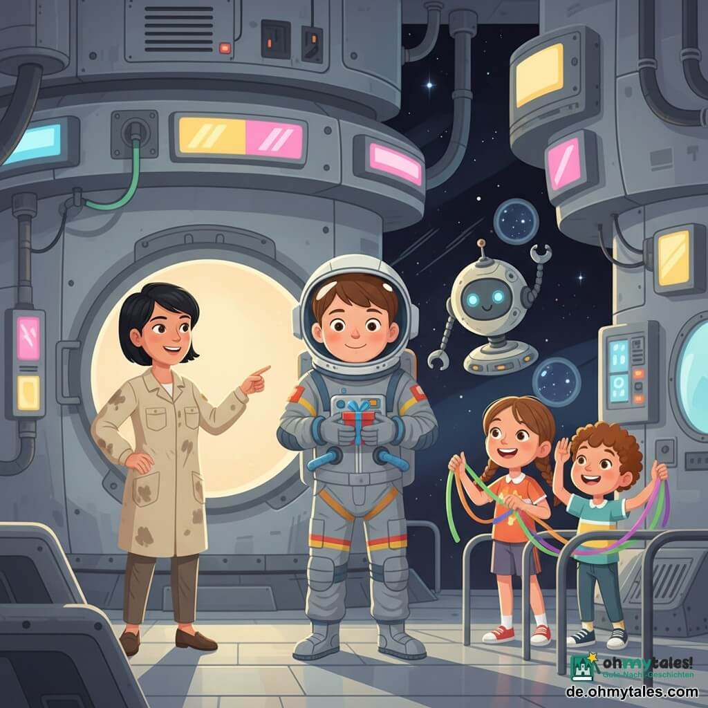Junger Astronaut, lächelnd mit neugierigen Augen und kurzen braunen Haaren, in grauem Anzug mit bunten Streifen hält vorn behutsam ein kleines Geschenk und ein Band; eine etwa 35-jährige Frau (Mira) mit kurzen schwarzen Haaren und fettverschmierter Bluse lächelt und zeigt auf eine offene Luke hinter ihnen, leicht links vom Mann; zwei Kinder (Mädchen ~8, Junge ~6) lachen rechts bei einem Geländer und imitieren den neuen kontaktlosen Gruß mit bunten Bändern; ein kleiner runder Dienerroboter aus hellem Metall mit blauen Lichtern schwebt zwischen Mann und Frau und trägt ein schmales Werkzeug; Szene in einer großen Innen-Relaisstation mit gestapelten runden Modulen, bunten Leuchtfeldern, stilisierten Rohren und Kabeln, metallischen Böden mit sanften Reflexen und Bullaugen zu den Sternen; Hauptsituation: Rückgabe eines gefundenen Pakets und Erfindung eines kontaktlosen Grußes — freundliche Gesten, sichtbare bunte Bänder, strahlende Gesichter, warme, organisierte Stimmung.