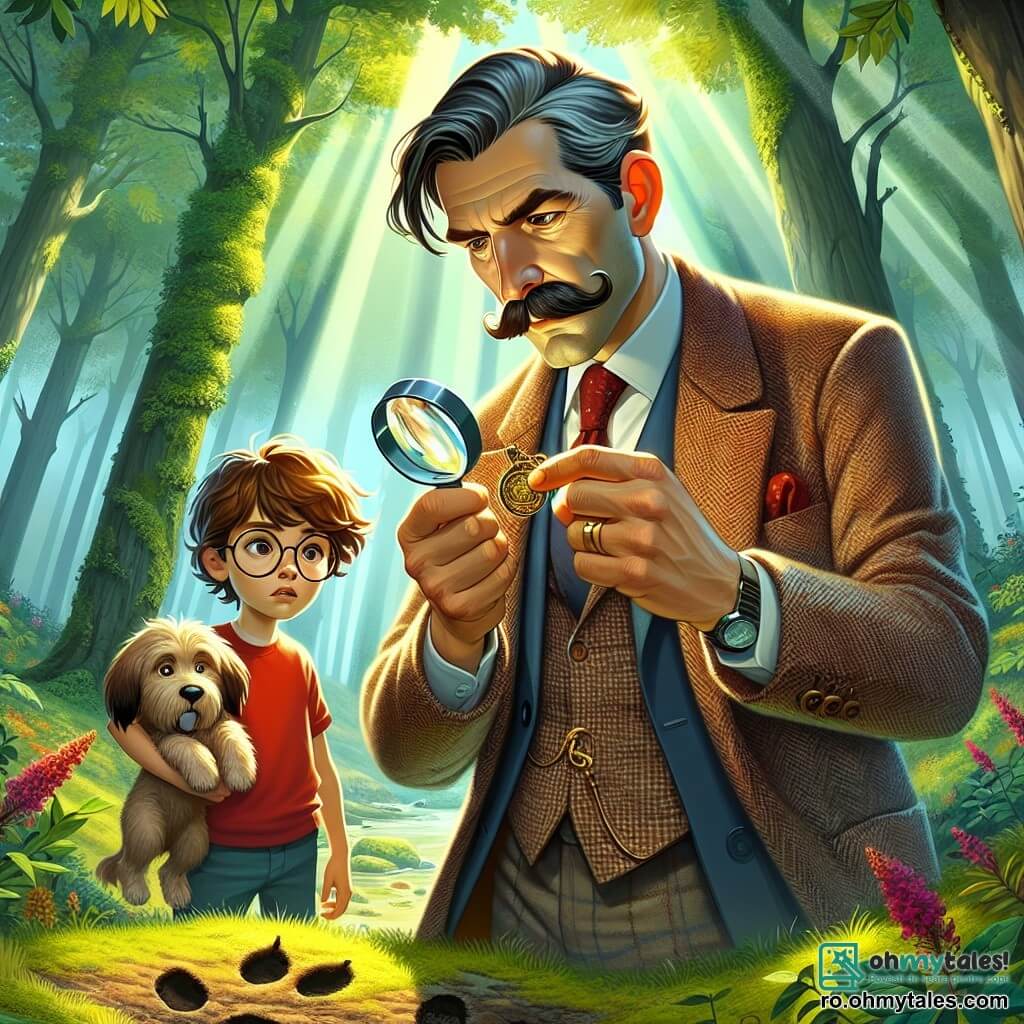 Un detectiv, Andrei, de aproximativ patruzeci de ani, cu o mustață mare și o jachetă elegantă din tweed, stă în centrul imaginii, concentrat și hotărât, examinând un mic medalion strălucitor cu o lupă. Lângă el, Alex, un băiat de doisprezece ani cu părul castaniu și un tricou roșu, se uită cu curiozitate, cu ochii mari, în timp ce arată cu degetul o amprentă de labă pe sol. În fundal, Mihai, un băiat de zece ani cu ochelari și un zâmbet timid, observă cu interes, ținând un cățel în brațe. Scena se desfășoară într-o pădure verde, cu copaci majestuoși și frunze luxuriante, razele soarelui filtrându-se printre crengi, creând o atmosferă misterioasă și magică. La sol, frunzele uscate și florile sălbatice adaugă culoare mediului. Situația principală arată cum Andrei și copiii sunt în plină anchetă, căutând indicii pentru a-l găsi pe câinele dispărut, Max, cu o atmosferă de excitație și mister palpabil.