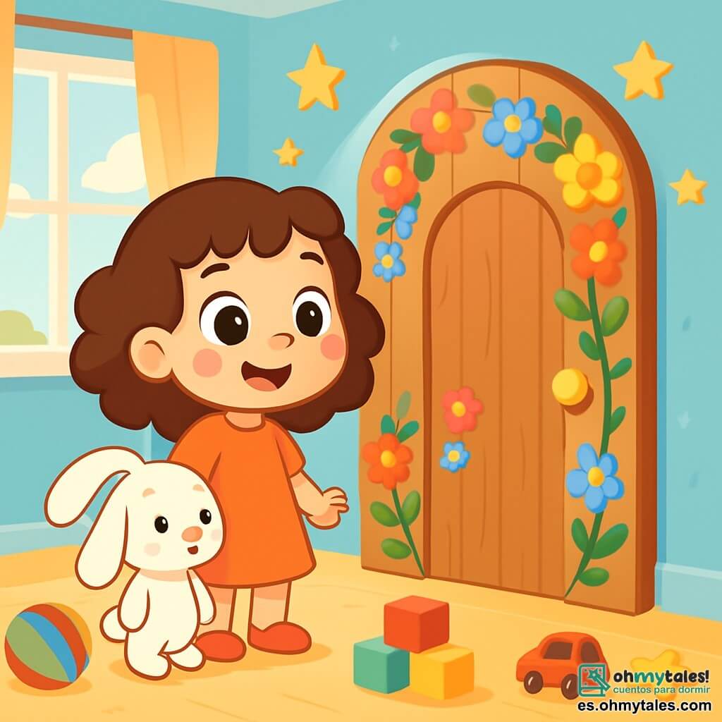 Una niña de 4 años, Lila, con grandes ojos brillantes y cabello rizado castaño, está frente a una puerta mágica de madera adornada con flores coloridas. Sonríe con asombro y sus mejillas están ligeramente sonrojadas de emoción. A su lado, su peluche Conejín, un adorable conejo blanco con grandes orejas caídas, observa la puerta con curiosidad. El lugar es una habitación infantil luminosa, con paredes pintadas de azul pastel, estrellas doradas colgadas del techo y juguetes esparcidos por el suelo. La luz del sol entra por una ventana, iluminando la habitación con un suave resplandor. Lila se prepara para abrir la puerta mágica, su corazón late con anticipación, mientras Conejín parece listo para acompañarla en esta nueva aventura.