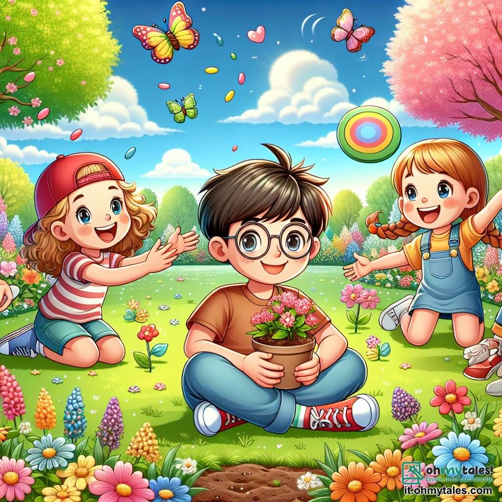 In un parco in piena fioritura, quattro bambini si riuniscono per celebrare l'arrivo della primavera. Marco, un ragazzo di 12 anni con capelli castani e occhiali, è seduto su un prato verde, sorridendo con un grande cartello colorato che annuncia la festa. Alla sua destra, Giulia, una ragazza di 11 anni con capelli biondi e ricci, si china su un piccolo vaso di terra, piantando con entusiasmo semi di fiori. A sinistra, Luca, un ragazzo di 12 anni con capelli neri e un cappellino rosso, lancia un frisbee verso Sara, una ragazza di 10 anni con capelli castani e trecce, che corre felicemente per prenderlo. Il parco è illuminato, con alberi in fiore dai colori vivaci, farfalle che svolazzano attorno ai fiori e un cielo blu chiaro punteggiato di nuvole bianche. I bambini ridono e si divertono, condividendo momenti di gioia e amicizia, decorando uova di Pasqua colorate e piantando fiori, simboleggiando il rinnovamento e la bellezza della primavera.