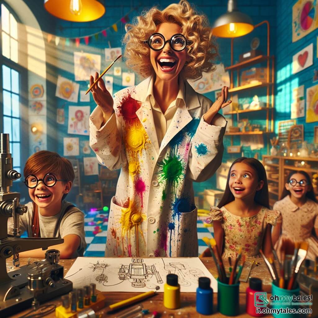 Clara, l'inventrice, è una donna gioiosa con capelli biondi e ricci che danzano attorno al suo viso. Indossa un camice da laboratorio colorato, pieno di macchie di vernice, e ha un grande sorriso mentre mostra la sua macchina dei sogni ai bambini. Luca, un ragazzo di circa 8 anni con capelli castani disordinati e occhiali rotondi, è seduto per terra, con gli occhi spalancati per lo stupore, mentre disegna idee per il suo ombrello luminoso. Sara, una ragazza di 7 anni con capelli lunghi e lisci, indossa un vestito a fiori e sta in piedi accanto a Clara, con le mani sui fianchi, determinata mentre spiega la sua idea di un ombrello che non si rovescia mai. Il laboratorio di Clara è un luogo magico, pieno di strumenti colorati, macchine strane e disegni appesi alle pareti. Le mensole sono stracolme di scatole di materiali vari, e la luce del sole filtra attraverso una grande finestra, illuminando la scena con una dolce luce dorata. In questa illustrazione, Clara presenta la sua macchina dei sogni a un gruppo di bambini affascinati, mentre lavorano insieme alle loro invenzioni, creando un'atmosfera di creatività e amicizia.