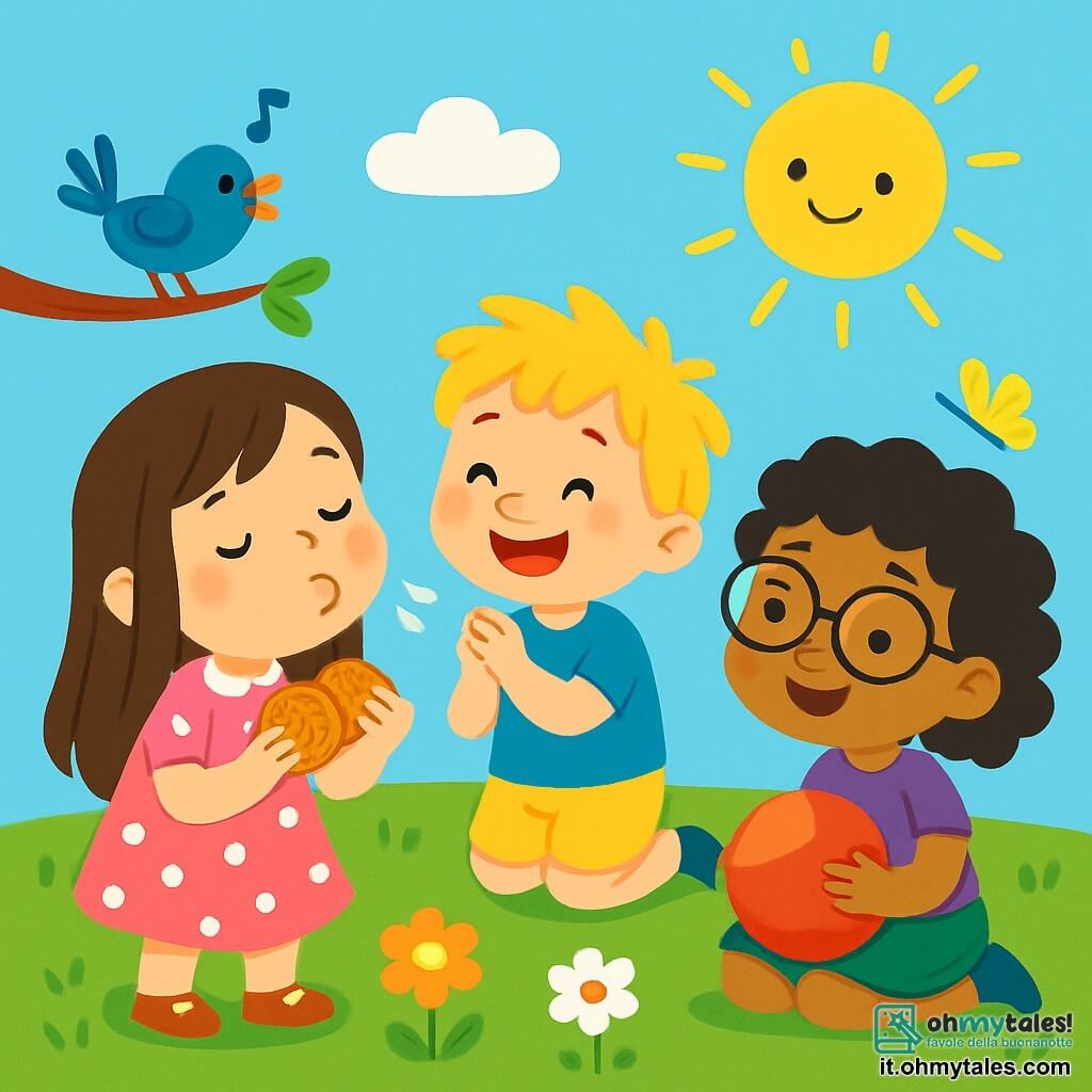 Ci sono 3 personaggi: - Marta: una ragazza di 6 anni con lunghi capelli castani e occhi scintillanti. Indossa un vestito rosa a pois bianchi e tiene dei biscotti in mano. - Leo: un ragazzo di 5 anni con capelli biondi arruffati e un grande sorriso. Indossa una maglietta blu e pantaloni corti gialli, e sta applaudendo felicemente. - Nina: una ragazza di 5 anni con capelli neri ricci e occhiali rotondi. Indossa una gonna verde e una maglietta viola, ed è seduta sull'erba, tenendo una palla rossa. I tre amici sono seduti su un prato verde, circondati da fiori colorati. Il cielo è blu con alcune nuvole bianche e un sole splendente illumina la scena. Marta soffia su candele immaginarie, mentre Leo applaude e Nina sorride tenendo la sua palla. Una piccola farfalla gialla vola intorno a loro e un uccello blu canta su un ramo vicino, aggiungendo un tocco di magia al loro felice compleanno.