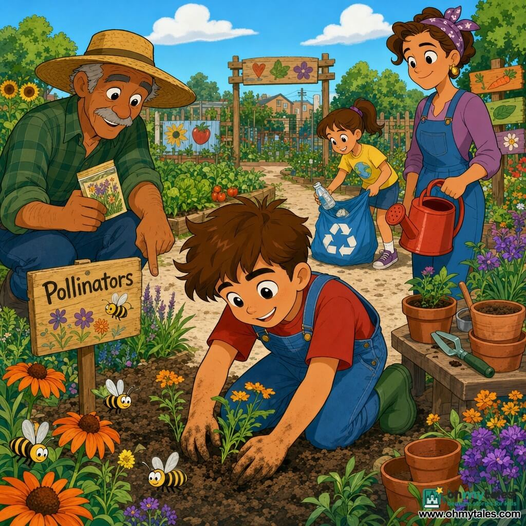 An 8-year-old boy with a round face, tousled brown hair and bright eyes, smiling and determined, kneels in the soil planting wildflowers with slightly dirty hands, wearing green boots and denim overalls; a woman in her 30s–40s with her hair tied in a scarf stands to his right holding a red watering can, smiling kindly; an older man in his 60s with tanned skin and a wide straw hat stands to his left holding a packet of seeds and pointing to a small "Pollinators" sign; a 7-year-old girl with a ponytail and a yellow T-shirt picks up a small piece of plastic and puts it in a recycling bag a few steps behind; the setting is a bright community garden with rows of vegetables and colorful flowers, a small wooden table with clay pots, painted wooden signs, a light gravel path and a blue sky with soft clouds; the scene focuses on a shared planting and learning moment with orange and purple flowers ready to welcome bees in flight, warm atmosphere, composition centered on the boy with a close-up of his hands in the soil and a lively background of helpful neighbors.