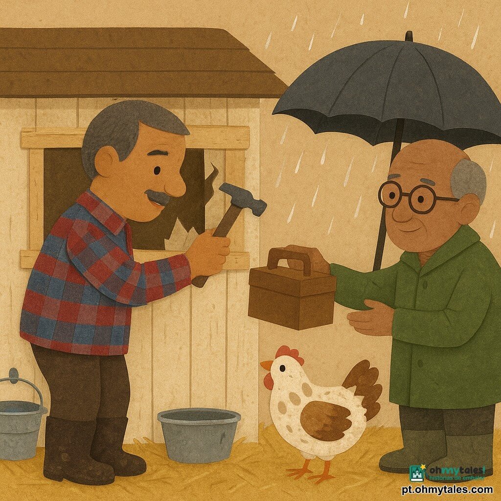 Um homem, João, sorridente e calmo, rosto redondo, bigode fino, cabelos grisalhos com castanho, camisa xadrez vermelha e azul, botas de borracha enlameadas, segura um martelo e uma tábua pregando a janela quebrada do galinheiro com postura concentrada e serena; um vizinho mais velho, Sr. Paulo (cerca de 60 anos), cabelos ralos e óculos redondos, casaco impermeável verde, está do lado de fora sob um grande guarda-chuva oferecendo uma caixa de ferramentas; uma galinha curiosa, Pérola, plumagem branca com manchas castanhas, olhos vivos, fica junto aos pés de João sobre a palha observando; local: galinheiro rústico de madeira clara, palha no chão, comedouro metálico e um balde de água pendurado, chuva fina visível e gotas nas tábuas; situação: reparo tranquilo sob chuva com atmosfera acolhedora apesar do tempo, cores quentes contrastando com o cinza; estilo gráfico: papéis sobrepostos, texturas de cartão e tecido, contornos nítidos e sombras leves.