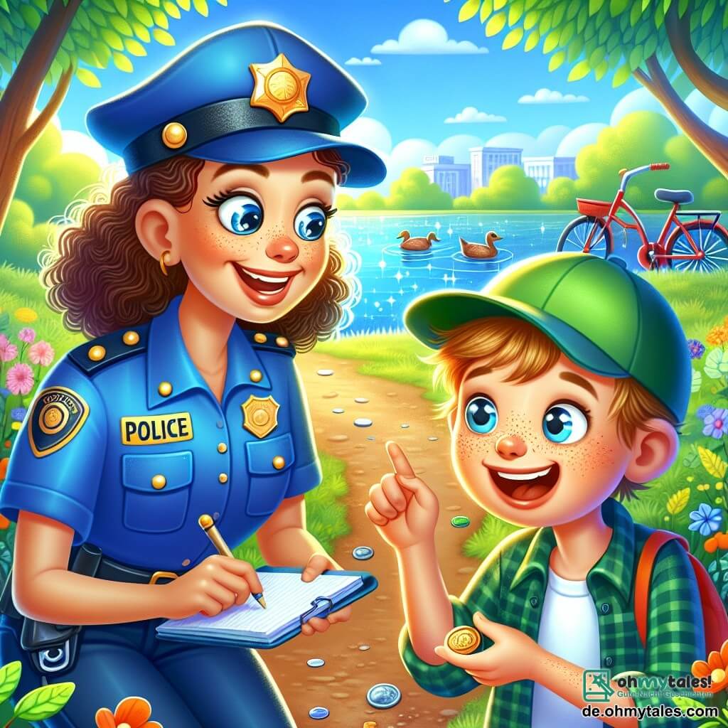 Eine lächelnde Polizistin mit lockigem braunem Haar und einer strahlend blauen Uniform beugt sich zu einem etwa 10-jährigen Jungen mit blonden Haaren und Sommersprossen, der eine grüne Mütze trägt. Ihre neugierigen, funkelnden Augen und ihr herzlicher Lächeln zeigen ihre Begeisterung, ein Rätsel zu lösen. Der Junge hält ein kleines Notizbuch in den Händen, seine Augen strahlen vor Aufregung, während er auf eine glänzende Münze zeigt, die er auf dem Boden gefunden hat. Sie befinden sich in einem grünen Park, umgeben von laubtragenden Bäumen und bunten Blumen, mit einem funkelnden See im Hintergrund und ruhig schwimmenden Enten. Die Szene zeigt die Polizistin und den Jungen im Gespräch, während sie nach Hinweisen suchen, um ein rotes Fahrrad mit einem gelben Korb zu finden, das gestohlen wurde. Die Atmosphäre ist fröhlich und dynamisch, voller Kameradschaft und Abenteuer.
