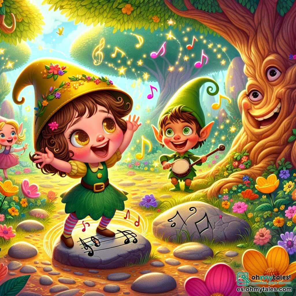 En un jardín mágico, una niña de 3 años, Lía, con grandes ojos brillantes y rizos castaños, lleva un sombrero en forma de cacerola. Ríe a carcajadas, con los brazos en alto, girando alrededor de una roca que canta, sus mejillas sonrojadas por la emoción. Junto a ella, un duendecillo llamado Tito, de unos 5 años, con piel verde y orejas puntiagudas, ríe con las manos en las caderas, sus ojos brillando de travesura. El jardín está lleno de flores coloridas de formas extrañas, grandes árboles de troncos retorcidos y una luz dorada que filtra a través de las hojas, creando un ambiente alegre y mágico. La escena muestra a Lía y Tito cantando juntos alrededor de la Roca Cantora, que emite notas musicales coloridas, mientras una bandada de pequeños pájaros coloridos los acompaña, creando una atmósfera festiva y mágica.