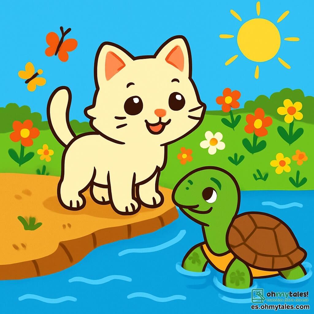 Un pequeño gato de ojos brillantes y pelaje suave como el algodón, llamado Misi, se encuentra en la orilla de un gran y brillante río. Expresa una curiosidad alegre, con las orejas erguidas y la cola en alto. A su lado, una tortuga anciana, con un caparazón rugoso y ojos sabios, nada lentamente en el agua clara, lista para ayudarlo a cruzar el río. Al fondo, se extiende un prado colorido, lleno de flores brillantes y mariposas danzantes bajo un cielo azul soleado. Misi mira el río con asombro, preparándose para subirse al lomo de la tortuga y descubrir el otro lado de este mundo encantador.