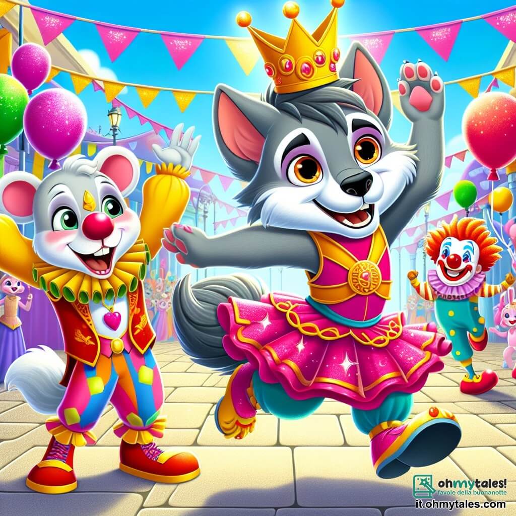 Leo, un giovane lupo dai peli grigi e dagli occhi scintillanti, indossa un costume colorato con una grande gonna rosa e scarpe brillanti. Danza gioiosamente, con un grande sorriso sul volto, tenendo una corona dorata sopra la testa. Accanto a lui, un coniglio bianco con grandi orecchie e naso rosa salta di gioia, con gli occhi spalancati dall'eccitazione. Un clown con un naso rosso e capelli multicolori fa acrobazie, ridendo mentre li guarda, aggiungendo un tocco di magia alla scena. Lo sfondo è una piazza animata di Feliciville, piena di colori vivaci: palloncini fluttuano nell'aria, bandierine scintillanti decorano gli alberi e banchi di dolci offrono prelibatezze. La scena principale mostra Leo, il lupo, che celebra il successo della sua ricerca per ritrovare la corona del re del Carnevale, circondato dai suoi amici, pronti a ballare e divertirsi insieme sotto un cielo soleggiato.