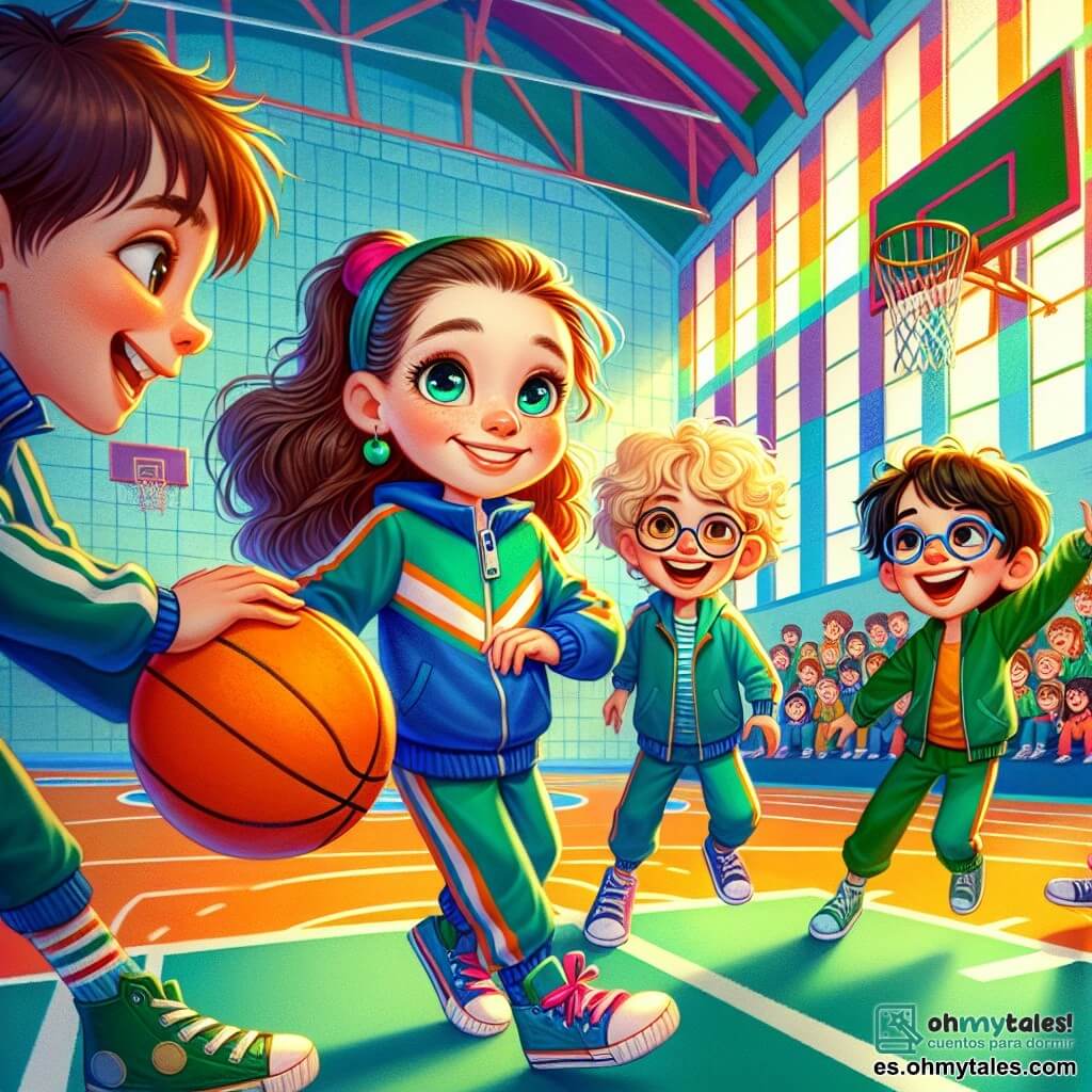 Una niña de 8 años, Lucía, con largos cabellos castaños y ojos brillantes, se encuentra en el centro de un gimnasio luminoso. Lleva un chándal azul con rayas verdes, y su rostro expresa una mezcla de nerviosismo y emoción, con una ligera sonrisa. A su derecha, Ana, una niña de 8 años con cabello rubio y rizado, la anima con una gran sonrisa, sosteniendo un balón de baloncesto naranja. A la izquierda, Leo, un niño de 8 años con gafas y cabello castaño, ríe alegremente mientras salta, listo para atrapar el balón. El gimnasio está lleno de colores vivos, con líneas blancas en el suelo y aros de baloncesto colgados del techo. La escena principal muestra a Lucía preparándose para lanzar el balón hacia el aro, rodeada de sus amigos, todos listos para animarla, ilustrando así el tema de superar los miedos juntos.