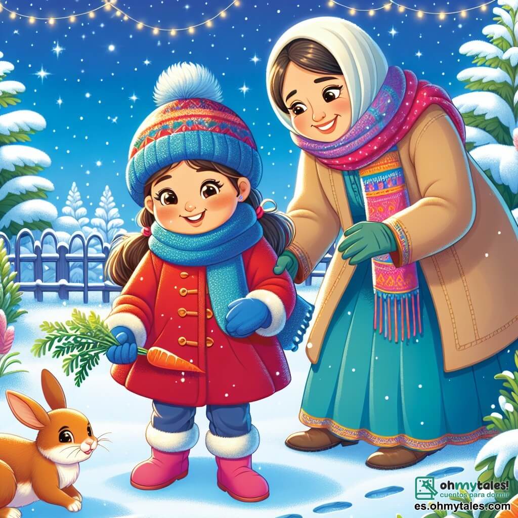 Una niña de 9 años, llamada Marta, está en el centro de la imagen, sonriendo con alegría. Lleva un abrigo rojo brillante, un gorro de lana azul y guantes a juego, mientras sostiene una zanahoria en su mano, lista para dársela a un pequeño conejo que se acerca. A su lado, su madre, Ana, una mujer de unos 35 años, viste un abrigo beige y una bufanda colorida, sonriendo amorosamente al mirar a su hija. El fondo es un jardín invernal encantador, cubierto de una gruesa capa de nieve brillante bajo un cielo azul claro, con árboles cargados de nieve y huellas de conejo en el paisaje. La escena principal muestra a Marta, entusiasmada, lista para alimentar al conejo que acaba de salir de su madriguera, simbolizando la magia y la belleza del invierno.