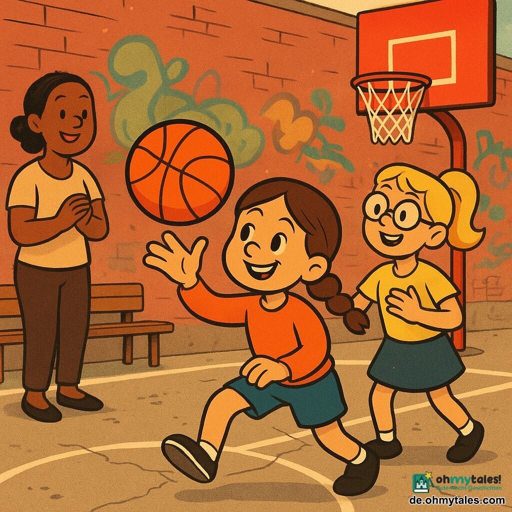 Ein 8-jähriges Mädchen, Mira, lächelnd aber konzentriert, braune Zöpfe in Bewegung, bunte Kleidung (orangenes Sweat, blaue Shorts), dribbelt einen glänzenden orangefarbenen Basketball, Knie leicht gebeugt, dynamische Haltung; ein 9-jähriges Mädchen, Leni, blonde Pferdeschwanz, runde Brille, steht neben dem Korb und zeigt eine Passgeste, ermutigendes Lächeln, etwas rechts im Hintergrund; eine etwa 35-jährige Mutter mit zusammengebundenen Haaren in lässiger Kleidung beobachtet am Spielfeldrand links und klatscht sanft, neben einer Holzbank; Schauplatz: Außen-Basketballplatz mit rissigem Betonboden, sauberen weißen Linien, rotem Korb mit weißem Netz, Backsteinmauern und bunten Graffitis im Hintergrund, sanftes spätes Nachmittagslicht; Hauptsituation: Mira versucht einen Wurf, Ball über ihrer Hand kurz vor dem Abwurf eingefangen, fröhliche ermutigende Atmosphäre, warme kontrastreiche Farben, retro Cartoon‑Stil "rubber hose" mit runden expressiven Linien.