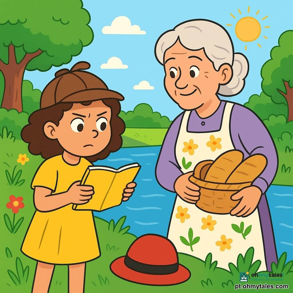 Clara, uma jovem de cabelos castanhos e cacheados, usa um vestido amarelo brilhante e um pequeno chapéu de detetive. Com um olhar curioso e determinado, ela segura um caderno amarelo nas mãos, observando atentamente um guarda-chuva vermelho abandonado perto do rio. Dona Beatriz, uma mulher idosa de cerca de 60 anos, com cabelos grisalhos e um avental florido, está próxima, segurando uma cesta de pão e olhando para Clara com um sorriso gentil, pronta para compartilhar informações. O cenário é uma margem de rio tranquila, com árvores verdes exuberantes e flores coloridas. O sol brilha em um céu azul claro, e a água brilha suavemente à luz. Clara está resolvendo o mistério do guarda-chuva vermelho esquecido, cercada pela natureza, com um ar de concentração no rosto, pronta para descobrir a verdade.