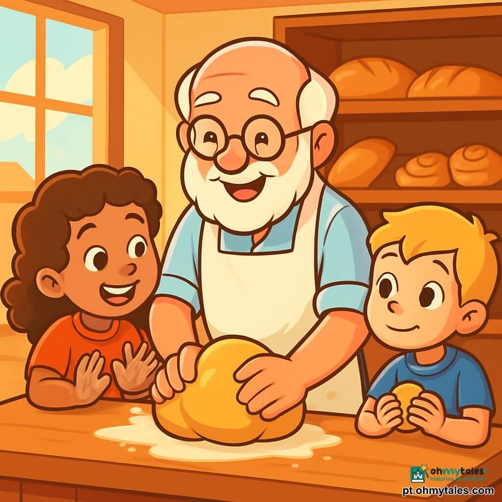 Um homem idoso, com um rosto sorridente e benevolente, barba branca e óculos redondos, está atrás de um grande balcão de madeira em uma padaria acolhedora. Ele usa um avental branco, levemente enfarinhado, e amassa uma bola de massa dourada com mãos experientes e cheias de vida. Ao lado dele, uma menina de 8 anos, com cabelos cacheados e castanhos, com um grande sorriso, observa maravilhada, com as mãos cheias de farinha, pronta para ajudar. Um menino de 9 anos, com olhos brilhantes e cabelos loiros, está um pouco à parte, segurando uma pequena pedra polida nas mãos, curioso e intrigado pelo processo de fabricação do pão. A padaria é decorada em cores quentes, com prateleiras de madeira cheias de pães dourados e doces apetitosos. Raios de sol filtram pelas janelas, iluminando o ambiente com uma luz suave e acolhedora. O ar está impregnado com o aroma de pão fresco e baunilha, criando uma atmosfera alegre e amigável. A cena principal mostra o momento em que o padeiro e as duas crianças preparam juntos pãezinhos, rindo e cantando, enquanto a massa brilha sob a luz, simbolizando a amizade e a magia da padaria.