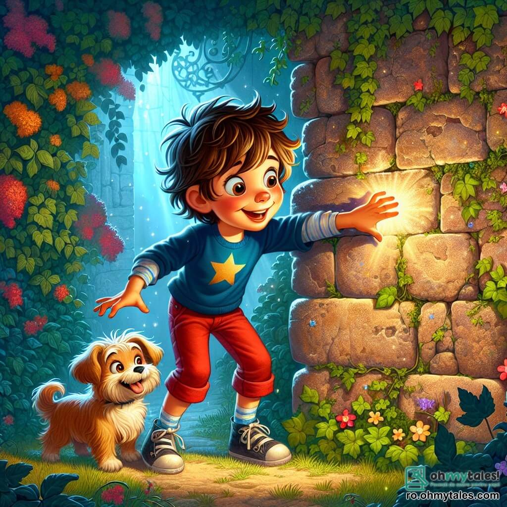 Un băiat de 6 ani pe nume Radu, cu părul castaniu și ochii mari plini de curiozitate, stă în fața unui zid vechi din piatră acoperit de iederă, cu un zâmbet uimit pe față. Poartă un tricou albastru cu stele și o pereche de pantaloni scurți roșii, întinzând o mână spre zid, pregătit să descopere magia ascunsă. Lângă el, Zâna Cățel, un câine mic cu blană aurie și strălucitoare, sare de bucurie, cu coada mișcându-se de entuziasm, părea pregătită să-l încurajeze în aventură. În fundal, zidul vechi este împodobit cu flori sălbatice colorate, iar o lumină blândă pătrunde printre frunze, creând o atmosferă fermecată. Radu, cu un amestec de emoție și hotărâre, se pregătește să atingă zidul magic, în timp ce Zâna Cățel îl încurajează, creând o ambianță de aventură și descoperire într-o lume fantastică.