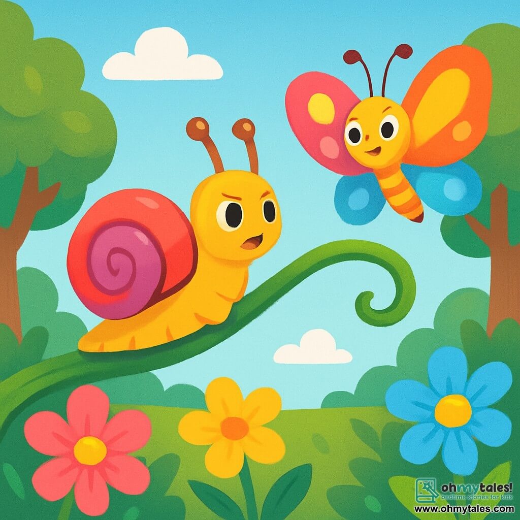 A little snail named Sammy, with a shiny spiral shell in bright colors, slowly glides on a green leaf, displaying a determined and courageous expression. Next to him, a pretty butterfly named Bella, with sparkling multicolored wings, joyfully flies, ready to play. The setting is a magical garden filled with vibrant flowers in pink, yellow, and blue petals, with shimmering dewdrops sparkling in the sun. In the background, majestic trees with lush leaves and a light blue sky dotted with fluffy white clouds can be seen. The main scene shows Sammy bravely climbing a long vine, stretching his antennae towards Bella, who is caught in the wind, ready to help him.