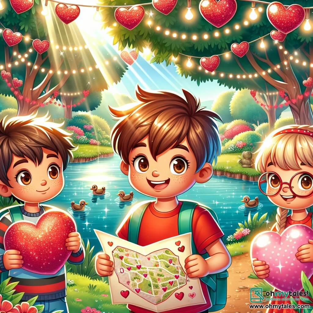 A 10-year-old boy, Sammy, with messy brown hair and a big joyful smile, holds a sparkling treasure map in his hands. He is wearing a bright red t-shirt and blue shorts, his eyes sparkling with excitement. Next to him is Mia, a 10-year-old girl with braided blonde hair and round glasses, waving a pink heart-shaped balloon, her face radiating happiness. Slightly behind, Leo, a 10-year-old boy with curly hair and glasses, looks at the map with curiosity, a slight smile on his lips. The setting is a sunny park filled with colorful flowers, large trees with vibrant green leaves, and Valentine's decorations like red hearts and sparkling garlands. In the distance, a pond sparkles in the sun, and ducks swim peacefully. The main scene shows Sammy, Mia, and Leo getting ready to start their Valentine's treasure hunt, surrounded by festive decorations, with shiny clues scattered around, ready to be discovered.