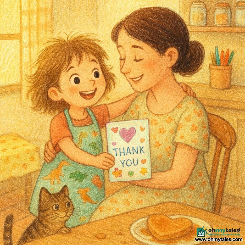 6-year-old girl, joyful and proud, tousled light brown hair and bright round eyes, wearing an oversized dinosaur apron, offering a pearlescent "THANK YOU" card decorated with hearts and stickers; mother, ~32, moved and smiling, brown hair in a soft bun, simple floral dress, seated by a wooden counter, takes the card with one hand and embraces her daughter with the other; a small curious tabby cat with twitching whiskers sits on the table beside a plate of heart-shaped pancakes; sunlit kitchen with golden light through a checkered curtain, light wood countertops, jars on shelves, a jar of colored pencils and a duck-printed cloth, warm tiled floor; tender morning moment, mother and daughter hugging as the card is opened, syrup splashes and crumbs around — warm, affectionate atmosphere.