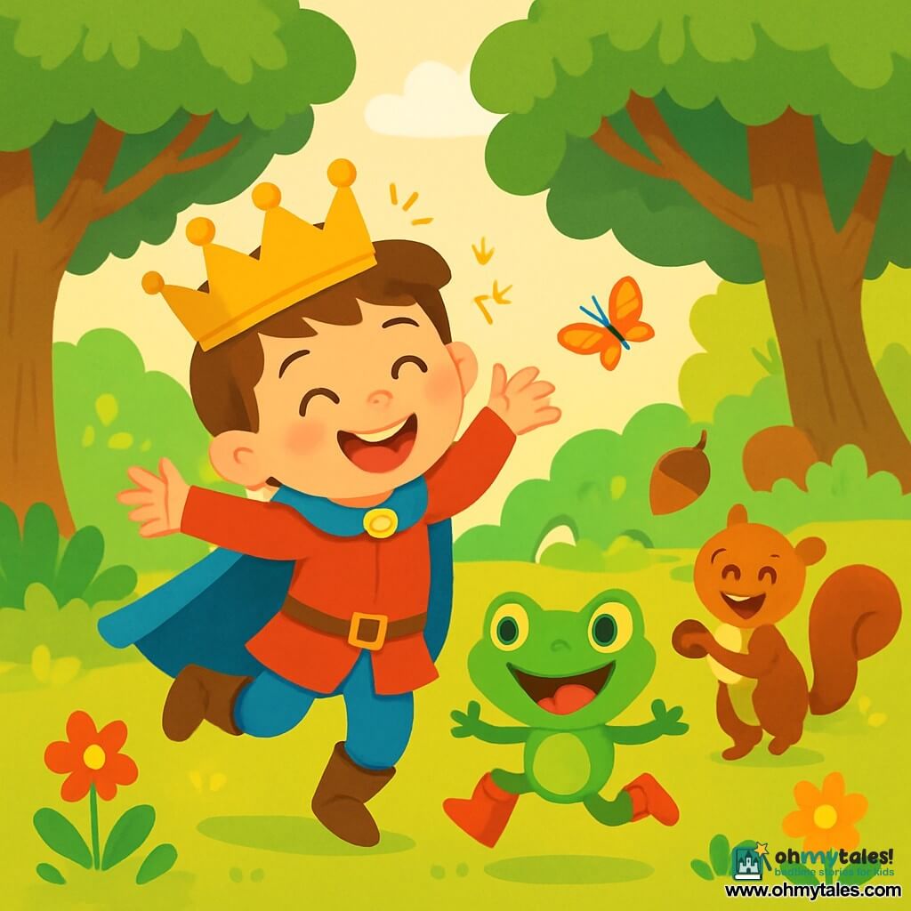 A joyful prince, about 7 years old, with a big smile and sparkling eyes, wears a shiny crown that jingles with each step. He is jumping for joy in a sunny clearing. Next to him, a green frog dressed in little red boots jumps excitedly, its round eyes sparkling with mischief. A playful squirrel, with brown fur and a bushy tail, juggles acorns, laughing joyfully. 

The setting is an enchanted forest, with thick-trunked trees, vibrant green leaves, and colorful flowers dancing in the breeze. Shimmering butterflies fly around, adding a touch of magic to the atmosphere. 

The main scene shows the prince and his friends playing together, laughing and having fun, creating an ambiance of joy and friendship in this enchanted kingdom.
