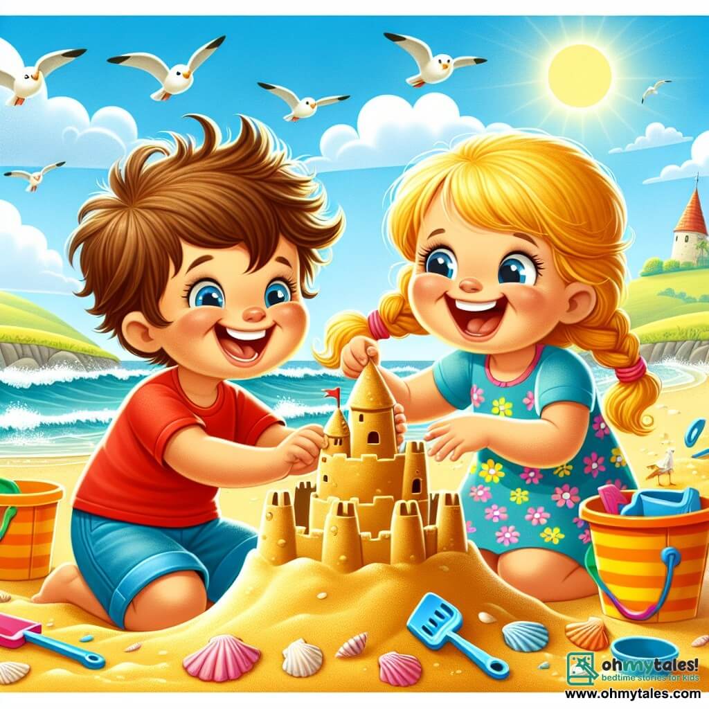 A 3-year-old boy with messy brown hair and a big joyful smile is playing in the sand. He is wearing a red t-shirt and blue shorts. His eyes shine with excitement as he builds a sandcastle. Next to him, a 3-year-old girl with blonde hair in braids helps by adding seashells to the castle. She is wearing a colorful floral dress and laughs as she looks at the boy. The scene takes place on a sunny beach with golden sand dunes, gentle waves breaking on the shore, and a blue sky dotted with a few white clouds. Colorful buckets and shovels are scattered around them. The two children are building a large sandcastle, surrounded by laughter and joy, while the sun shines and seagulls fly above them.