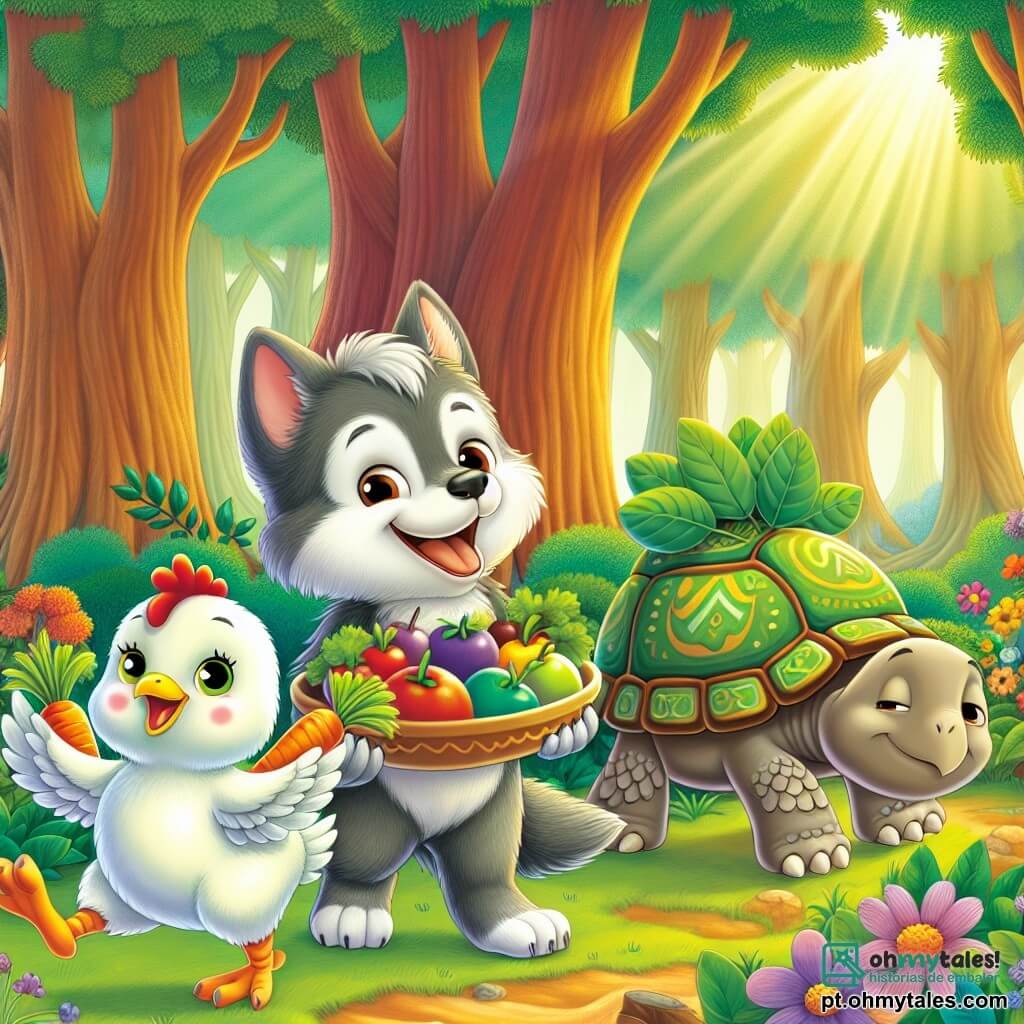 No centro da imagem, um pequeno lobo chamado Léo, com pelagem cinza e olhos curiosos, sorri alegremente enquanto segura um grande prato de frutas coloridas. Ele está de pé sobre as patas traseiras, cheio de energia e entusiasmo. À sua direita, a coquete Clara, uma coelha travessa com pelagem branca e grandes orelhas, salta de alegria, segurando cenouras nas patas dianteiras. À esquerda, Tita, uma tartaruga com casco verde decorado, sorri pacificamente enquanto carrega folhas frescas nas costas. O cenário se passa em uma floresta encantada, com árvores majestosas e folhas verdes vibrantes. Léo, Clara e Tita estão preparando uma grande festa para celebrar suas diferenças, cercados por outros animais da floresta que se reúnem alegremente, trazendo especialidades culinárias. A atmosfera é festiva, cheia de risos e cores, simbolizando harmonia e diversidade.