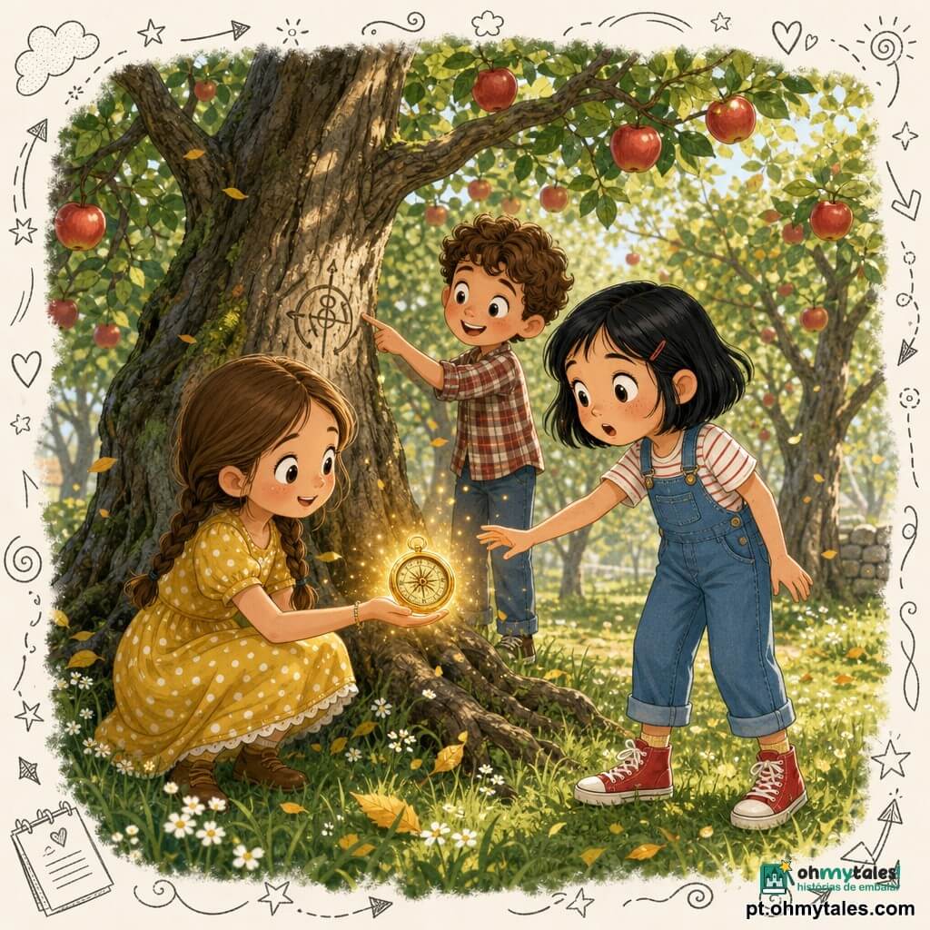 Três crianças: Lara, ~8 anos, cabelos castanhos em duas tranças, vestido amarelo com bolinhas, agachada à esquerda segurando um pequeno mostrador dourado brilhante; Sofia, ~8 anos, cabelos curtos pretos, jardineira azul e tênis vermelhos, em pé à direita com a mão estendida para tocar o mostrador; Tomás, ~9 anos, pele clara, cabelos castanhos encaracolados, camisa xadrez, atrás das meninas apontando uma marca gravada num velho tronco. Local: pomar antigo de macieiras com troncos nodosos, maçãs vermelhas nas copas, relva verde com pequenas flores brancas, luz solar suave filtrada pelas folhas e algumas folhas caindo. Situação: o mostrador dourado foi descoberto e emite um brilho quente com faíscas finas no ar; as três crianças estão maravilhadas e curiosas, atmosfera mágica e alegre, estilo claro e ingênuo com pequenos rabiscos de setas e estrelas em torno do mostrador.