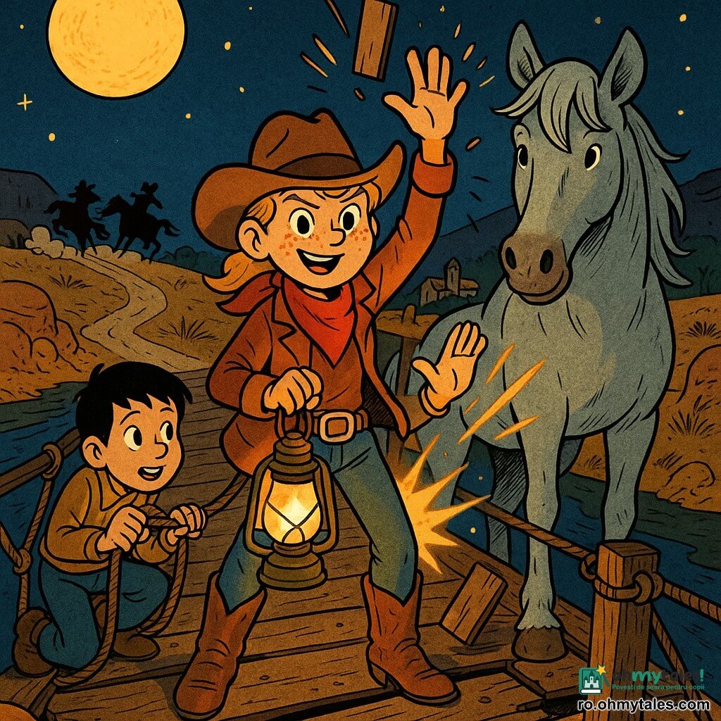 Annie, cowgirl curajoasă, față rotundă cu pistrui, ochi verzi și zâmbet hotărât, purtând pălărie maro, vestă din piele roșcată, bandană roșie, cizme prăfuite și curea cu cataramă argintie, ținând o lanternă cu ulei aprins într-o mână și ridicând cealaltă pentru a proteja podul; Sam, băiat de ~12 ani cu păr scurt și închis la culoare, expresie entuziasmată dar precaută, ghemuit în stânga după o bucată mare de lemn, ținând frânghii; Vânt-de-Argint, cal mare argintiu cu coamă fluturândă și bot pătat de noroi, stă calm în dreapta; loc: pod vechi de lemn peste un râu șerpuitor, scânduri crăpate, scripete și frânghii, maluri cu roci ocru și iarbă uscată, drum prăfuit spre sat; noapte cu Lună galbenă și stele, umbre lungi; situație: capcană declanșată pe pod, panouri de lemn căzând cu scântei, doi hoți fug în depărtare, praf și cai agitați; compoziție centrală, dinamică și eroică; stil: culori calde, contraste puternice, contururi groase și expresii exagerate în spiritul benzilor desenate franco-belge, texturi pe lemn și haine.