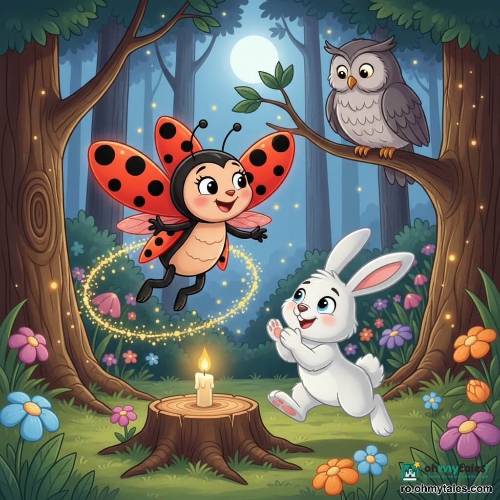 O buburuză numită Lili, foarte veselă, aripi roșii lucioase cu pete negre, zburând în cercuri mici și dansând în aer cu o dâră de sclipici galben; un iepure alb numit Rocco, blăniță pufoasă, sărind lângă Lili și lovindu-și lăbuțele în semn de aplauze, puțin înainte și la dreapta ei; o bufniță bătrână și înțeleaptă pe o creangă înaltă, pene gri detaliate, privind binevoitor din fundal; pădurea nocturnă iluminată de flori fosforescente, ciuperci luminoase și sute de licurici, trunchiuri texturate și covor de mușchi verde, cer de noapte cu o lună blândă; scenă: festival de lumini și dansul insectelor în jurul unei mici lumânări pe o ciupercă-soclu, atmosferă festivă și colorată, culori calde (auriu, roșu, violet) și contraste moi pentru un efect cald și magic.