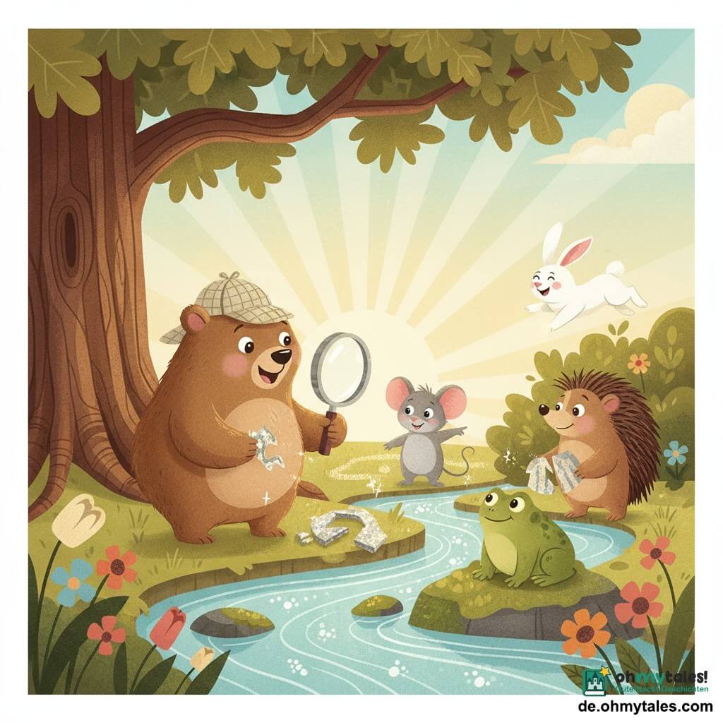 Benny, ein runder, weicher kleiner brauner Bär mit beiger Detektivkappe und glänzender Lupe, hockt fröhlich-konzentriert bei einem funkelnden Spielzeugteil; Mia, eine neugierige, lächelnde graue Maus mit großen Ohren, steht rechts und zeigt eine Spur Glitzer zum Bach; Frido, ein zufriedener grüner Frosch mit glatter Haut, sitzt auf einem feuchten Stein und schaut zu; Igor, ein schüchterner Igel mit weichen Stacheln, kommt aus einem Busch mit dem letzten Spielzeugstück; im Hintergrund hüpft Hoppel, der weiße Langohrenhase, freudig am großen Eichenbaum; Ort: sonnige Waldlichtung am Bach mit moosbedeckten Steinen, bunten Wildblumen und pastellfarbenem Himmel; Hauptsituation: die kleinen Ermittler sammeln unter der Eiche am Bach die verlorenen Spielzeugteile, gemeinsame Freude und Freundschaft, warme, helle Stimmung in sanfter Farbpalette und art-déco-inspirierten Formen.