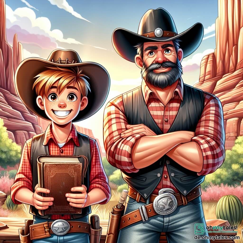 Im Vordergrund steht ein junger Cowboy namens Billy, etwa 20 Jahre alt, mit einem breiten Lächeln und funkelnden, entschlossenen Augen. Er trägt einen abgetragenen Cowboyhut, ein rotes kariertes Hemd und eine Jeans. Stolz steht er vor einer großen Holztür und hält ein altes Buch in den Händen, das sein Abenteuer symbolisiert. Neben ihm steht Big Jack, ein kräftiger Mann von etwa 40 Jahren, mit einem vollen Bart und einem schwarzen Cowboyhut. Er lächelt warmherzig, die Arme verschränkt, und schaut stolz auf Billy. Die Szenerie ist ein majestätischer Canyon mit hohen roten Felsen, die im goldenen Licht der untergehenden Sonne erstrahlen. Kakteen und spärliche Büsche verleihen der trockenen Landschaft einen Hauch von Grün. Die Hauptsituation zeigt Billy, der triumphierend das Buch über seinen Kopf hebt, während Big Jack ihn applaudiert. Die Atmosphäre ist voller Aufregung und Kameradschaft und symbolisiert die Entdeckung eines Schatzes und den Beginn eines neuen Abenteuers.