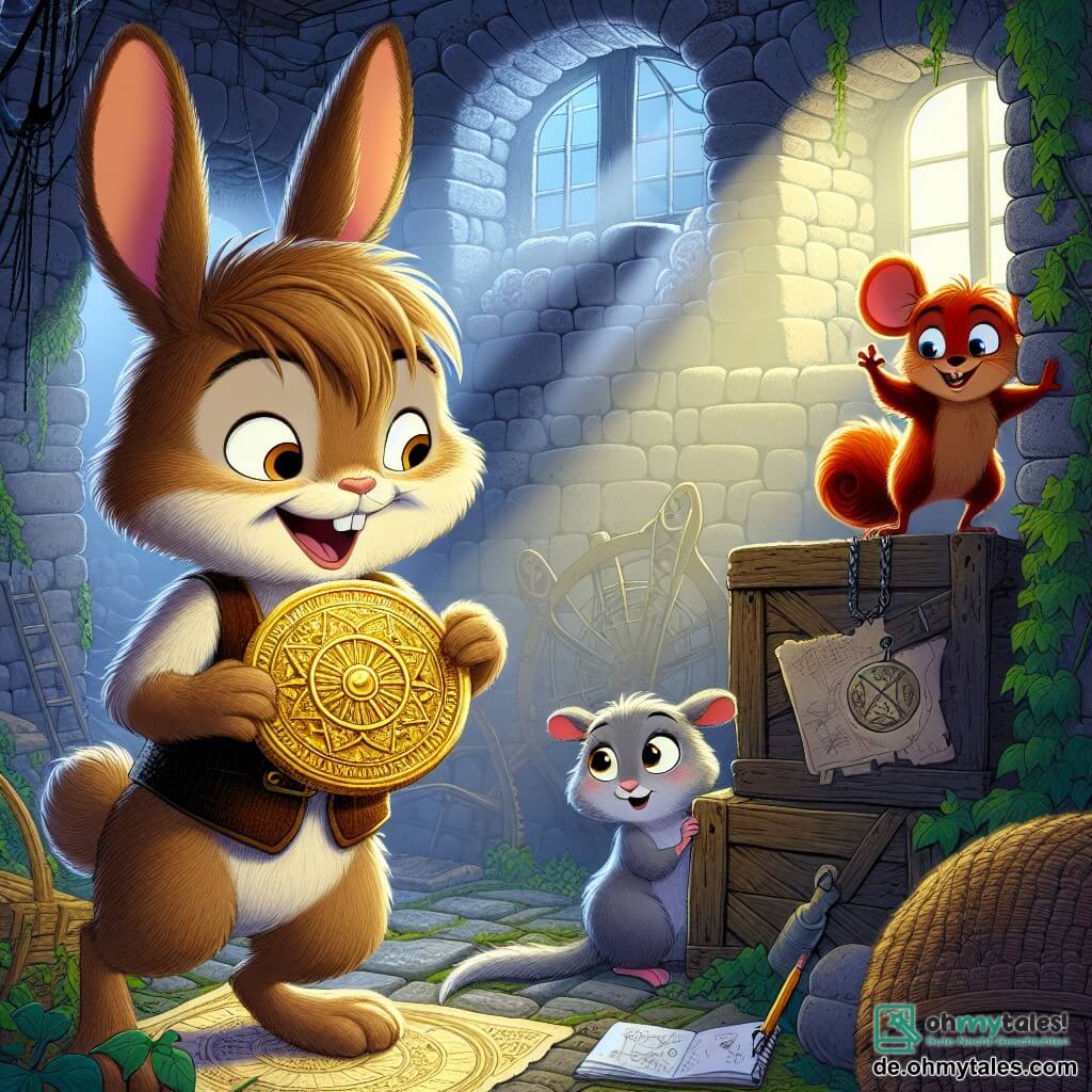 Der Hauptcharakter, ein kleiner Hase namens Felix, hat ein weiches, braunes Fell, große aufrechte Ohren und neugierige, funkelnde Augen. Er hält ein altes goldenes Medaillon in der Hand, sein Gesicht strahlt vor Aufregung und Staunen. An seiner Seite klettert sein Freund Niko, ein roter Eichhörnchen mit schelmischen Augen, auf eine alte Holzkiste und zeigt mit einem schelmischen Lächeln auf ein mysteriöses Symbol auf einer Karte. Mia, die kleine graue Maus, steht neben Felix mit einem entschlossenen Ausdruck, hält ein kleines Notizbuch und einen Bleistift in der Hand, bereit, ihre Entdeckungen festzuhalten. Die Szene spielt in einer alten, geheimnisvollen Mühle mit steinernen Wänden, die mit Efeu bewachsen sind, und zerbrochenen Fenstern, durch die schimmernde Mondstrahlen fallen. Spinnweben hängen in den Ecken, und Schatten tanzen um sie herum, was eine sowohl magische als auch faszinierende Atmosphäre schafft. In dieser Hauptsituation entdecken Felix und seine Freunde ein altes Medaillon, das sie zu einem verborgenen Geheimnis führen könnte, während sie die Geheimnisse der alten Mühle erkunden.
