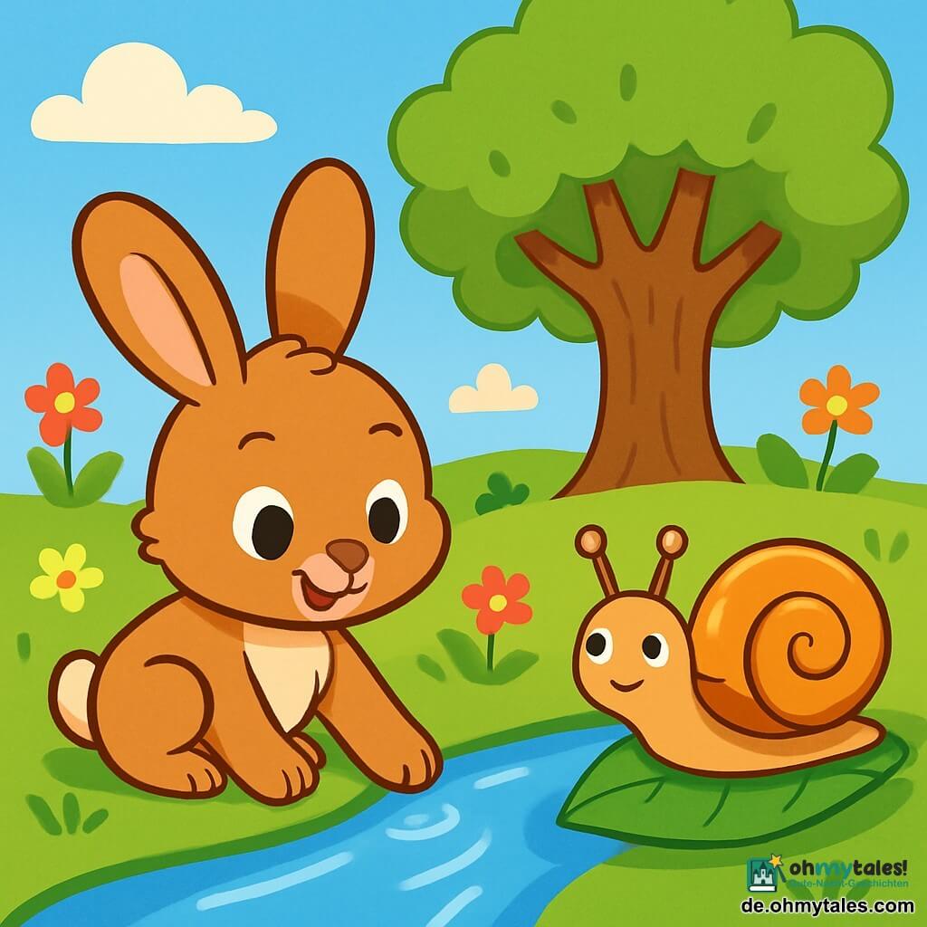 Ein kleiner Hase mit großen Ohren und weichem, braunem Fell steht am Ufer eines glitzernden Baches. Seine Augen strahlen vor Staunen und Neugier, während er vorsichtig mit seinen Pfoten das Wasser berührt. Neben ihm bewegt sich eine hübsche Schnecke mit einer goldenen Spiralenschale langsam auf einem grünen Blatt und zeigt einen friedlichen, weisen Ausdruck. Sie schaut den Hasen wohlwollend an, als ob sie ein Geheimnis teilt. Im Hintergrund steht eine majestätische Eiche mit weit ausgestreckten Ästen wie schützenden Armen, und bunte Blumen tanzen im Wind. Der Himmel ist strahlend blau, gesprenkelt mit weißen, flauschigen Wolken. Die Szene zeigt den Hasen, der dem Bach eine Frage stellt, während die Schnecke aufmerksam zuhört und eine Atmosphäre von Entdeckung und Reflexion schafft.