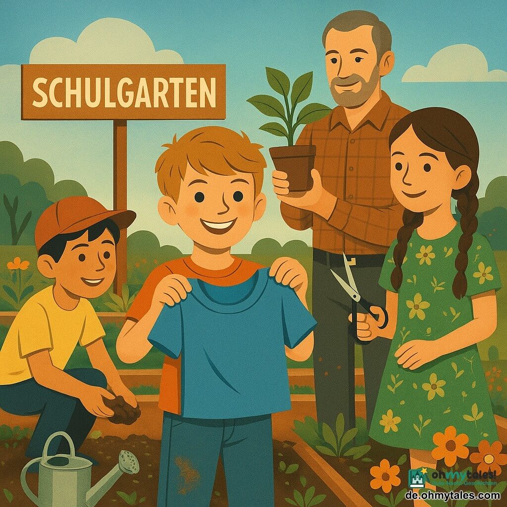Ein etwa 8-jähriger Junge mit hellbraunen zerzausten Haaren und Erdloch am Jeansknie hält strahlend ein zu einer Handtasche umfunktioniertes blaues T‑Shirt, rechts steht Lina, ebenfalls ca. 8, mit langen geflochtenen Haaren und grünem Blumenkleid, lächelnd mit einer Schere in der Hand, links hockt Max, ca. 8, kurze schwarze Haare, rote Kappe, fröhlich eine Handvoll Erde schüttelnd, hinter den Kindern steht Herr Meier, etwa 40, ergraut, karierte Hemd, stolz eine Pflanze zeigend; sonniger Schulgarten mit lehmigen Wegen, rechteckigen Beeten voller Gemüse und Blumen, glänzendem Gießkessel und handbemaltem Schild "Schulgarten", die Szene zeigt gemeinsames Upcycling und Gärtnern mit konkreten Gesten (Schere, Knoten im Stoff, Hände in Erde), fröhliche, engagierte Stimmung, warme kontrastreiche Farben und sichtbare Texturen, im grafischen Art‑Déco‑Stil mit vereinfachten geometrischen Formen, klaren Linien, limitierter lebhafter Palette und stilisierten Schatten.