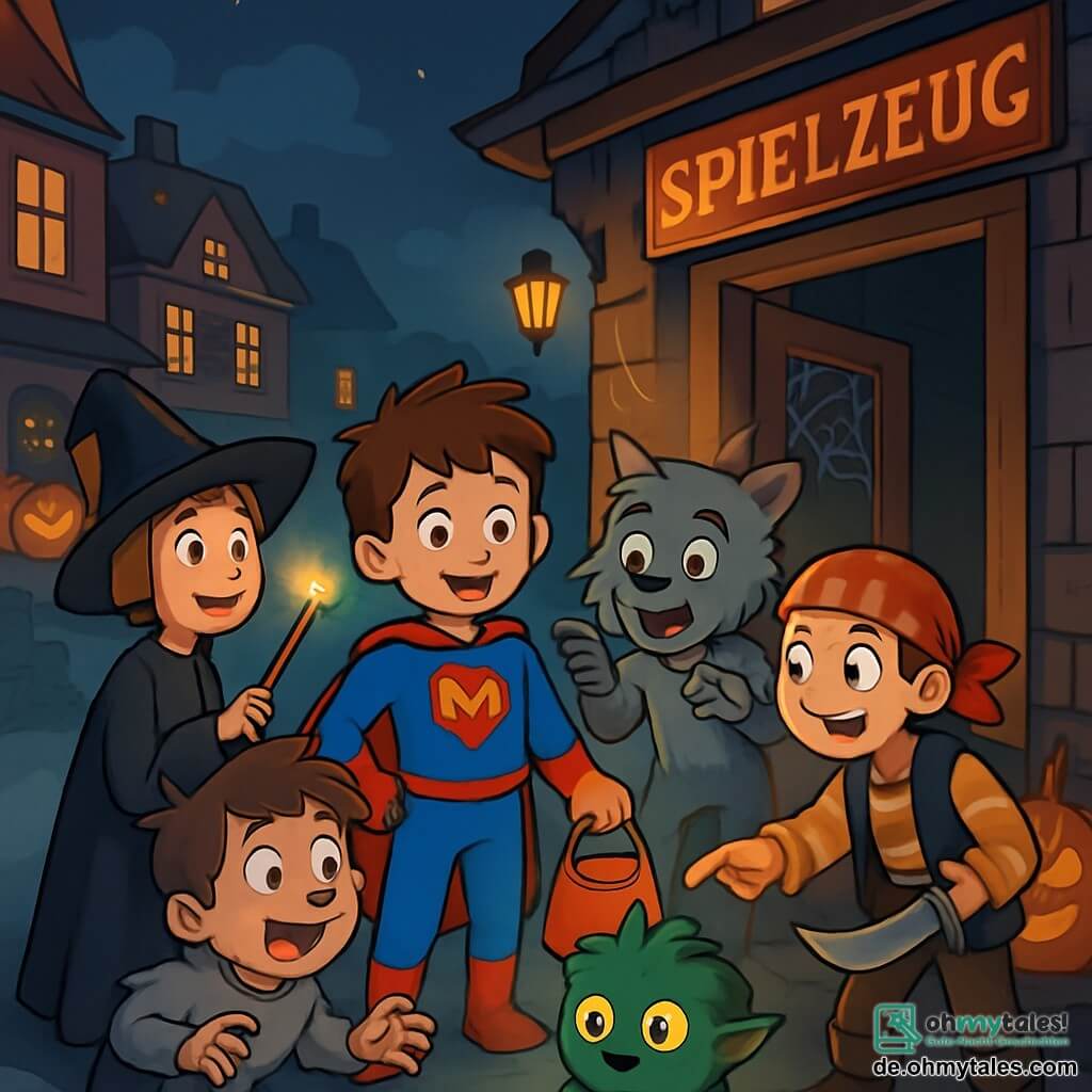 Es gibt 4 Kinder: - Max: Ein 10-jähriger Junge mit zerzausten braunen Haaren und einem rot-blauen Superheldenkostüm. Er steht lächelnd in der Mitte mit einer Süßigkeitentasche in der Hand. - Jonas: Ein 9-jähriger Junge, verkleidet als Werwolf mit grauem Fell und Plastikkrallen. Er steht etwas im Hintergrund und macht eine überraschte Geste mit den Armen. - Emil: Ein 11-jähriger Junge, gekleidet als Zauberer mit einem langen schwarzen Gewand und einem spitzen Hut. Er steht links und hält einen leuchtenden Zauberstab. - Lukas: Ein 10-jähriger Junge, in einem Piratenkostüm mit rotem Bandana und einem Plastikschwert. Er steht rechts und zeigt auf ein kleines Monster. Die Szene spielt in einer für Halloween dekorierten Straße mit Häusern, die mit leuchtenden Kürbissen, Spinnweben an den Fenstern und schwebenden Laternen geschmückt sind. Der Himmel ist tiefblau mit dunklen Wolken, und ein leichter Nebel schwebt am Boden, was der Atmosphäre eine geheimnisvolle Note verleiht. Die Hauptsituation zeigt die vier Freunde, die ein kleines Monster namens Schnuffel entdecken, das leuchtende Augen und grünes Fell hat und aus einem alten Spielzeugladen kommt. Sie sind alle fasziniert und etwas überrascht, bereit, gemeinsam ein aufregendes Abenteuer zu erleben.