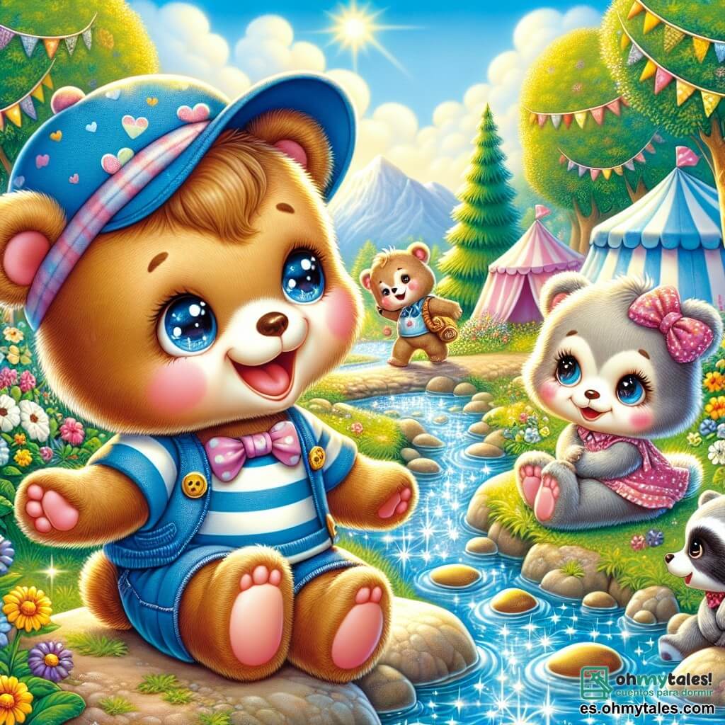 Un pequeño oso de peluche llamado Bruno, con un suave pelaje marrón y ojos brillantes de alegría, lleva una pequeña gorra azul y una camiseta a rayas. Sonríe ampliamente, con los brazos abiertos, mientras juega al borde de un arroyo brillante, rodeado de flores coloridas y grandes árboles verdes. A su lado, una pequeña osa llamada Lila, con pelaje crema y un lazo rosa en la cabeza, ríe alegremente mientras lanza piedras al agua. Un pequeño mapache llamado Nico, con pelaje gris y ojos traviesos, está sentado sobre una piedra, observándolos con una sonrisa divertida. El lugar es un campamento de verano vibrante, con tiendas de colores, guirnaldas de flores y un cielo azul salpicado de nubes blancas y esponjosas. La escena muestra a Bruno y sus amigos divirtiéndose juntos, riendo y jugando al borde del arroyo, capturando el espíritu alegre y despreocupado de las vacaciones de verano.