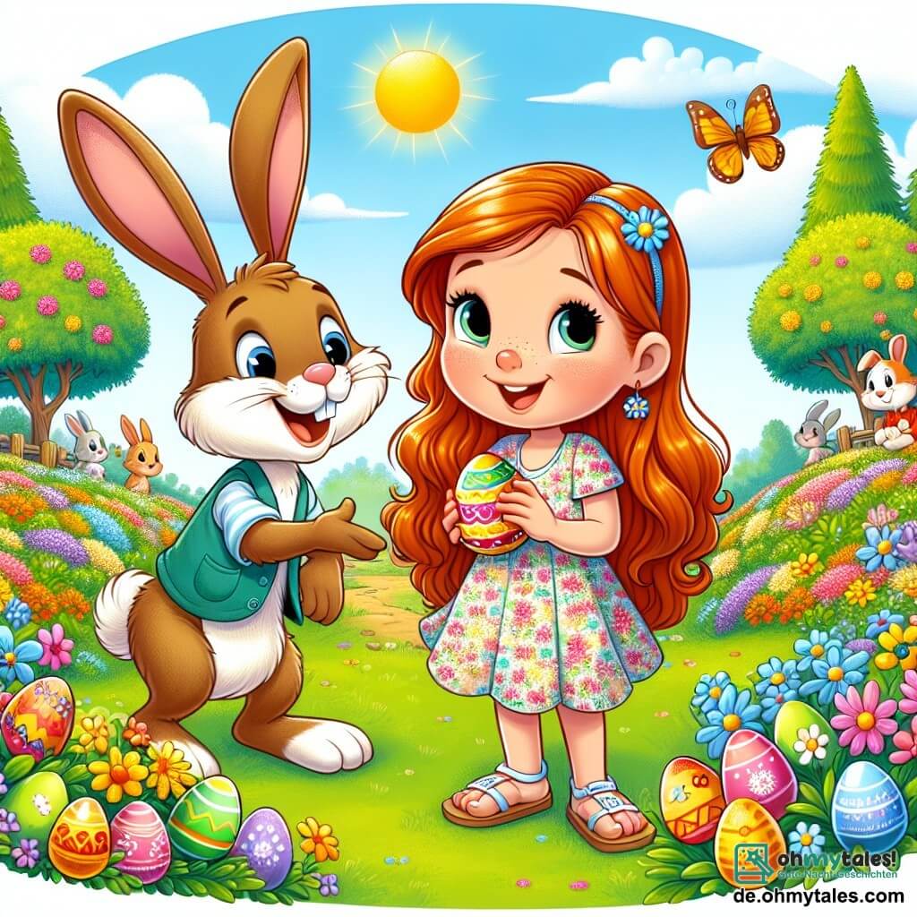 Ein 6-jähriges Mädchen namens Emma mit langen roten Haaren und neugierigen Augen steht lächelnd und begeistert im Mittelpunkt des Bildes und hält ein buntes Ei in ihren Händen. Sie trägt ein blumenbedrucktes Frühlingskleid und Sandalen. Neben ihr steht ein großer, freundlicher Hase mit großen Ohren, der einen blauen Weste trägt und ihr enthusiastisch etwas erklärt. Im Hintergrund beschäftigt sich ein kleinerer brauner Hase damit, bunte Eier unter blühenden Büschen zu verstecken. Der Ort ist ein sonniger Garten voller leuchtender Blumen in allen Farben, mit einem hellblauen Himmel, der von flauschigen weißen Wolken durchzogen ist. Üppige Bäume säumen den Garten, und Schmetterlinge tanzen in der Luft. Die Hauptsituation zeigt Emma und die Hasen, die sich auf eine große Ostereiersuche vorbereiten, mit überall versteckten bunten Eiern, was eine fröhliche und festliche Atmosphäre schafft.