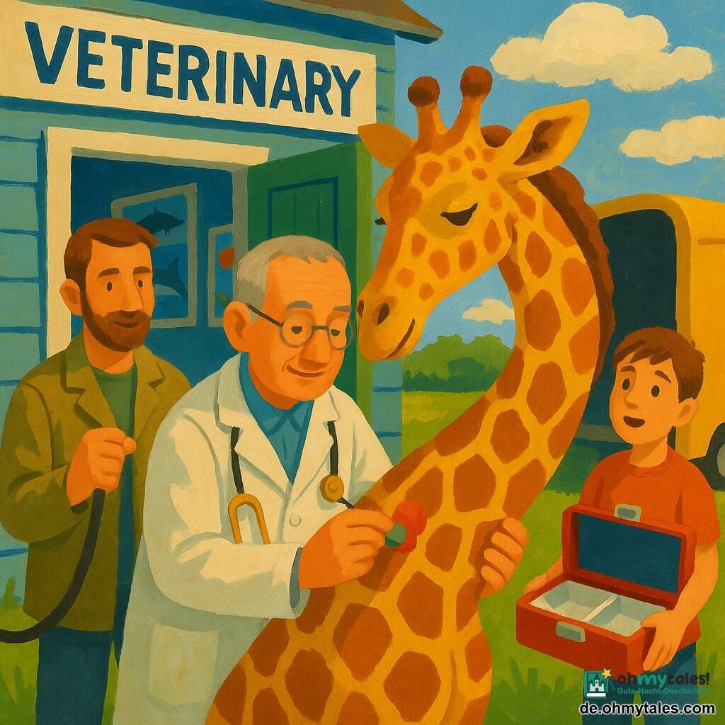 Der Tierarzt Dr. Max, rundes Gesicht, hellgraue Bürstenhaare, dezente Brille, sanftes, konzentriertes Lächeln, trägt eine weißliche, erdbefleckte Kittel und einen goldenen Stethoskop und schmiert behutsam grüne Salbe auf den Hals der Giraffe; sein Assistent Tim, etwa 12 Jahre alt mit kurzen kastanienbraunen Haaren, steht rechts hinter ihm und hält eine große offene Sanitätstasche, und der Besitzer Herr Müller, ungefähr 45, groß, mit kurzer Bartstoppel und khakifarbener Jacke, steht links beruhigt mit der Leine; die Giraffe Gigi, groß und elegant mit sand- und karamellfarbenen Flecken, großen sanften Augen und langen Wimpern, neigt den Hals und zeigt eine kleine rote Stelle, wo die Salbe aufgetragen wird; Schauplatz vor einer hellblau gestrichenen Holztierklinik mit offener Tür, Delfin- und Fischposter an der Wand, grünes Gras, sonniger Himmel mit einigen weißen Wolken und im Hintergrund ein Anhänger, aus dem die Giraffe kam; Stimmung warm und friedlich bei morgendlichem Goldlicht, ruhige, aufmerksame Gesten, lebhafte Farben und sichtbare Acrylpinseltextur.