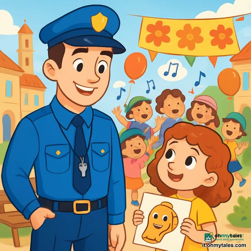 Un giovane poliziotto di circa 25 anni indossa una divisa blu brillante, con un sorriso caloroso sul volto. I suoi occhi brillanti mostrano determinazione e gentilezza. Accanto a lui, una bambina di 7 anni, con capelli ricci e un vestito giallo, lo guarda con ammirazione, tenendo in mano un disegno colorato di un fischietto sorridente. Sullo sfondo, un gruppo di bambini canta gioiosamente, alcuni indossano cappelli colorati e ballano attorno a uno striscione decorato di fiori. La scena si svolge in una bella piazza soleggiata, circondata da edifici storici dai colori vivaci, con panchine di legno e palloncini che fluttuano nell'aria. Il poliziotto spiega ai bambini l'importanza del rispetto reciproco, mentre una dolce musica risuona in sottofondo, creando un'atmosfera gioiosa e conviviale.