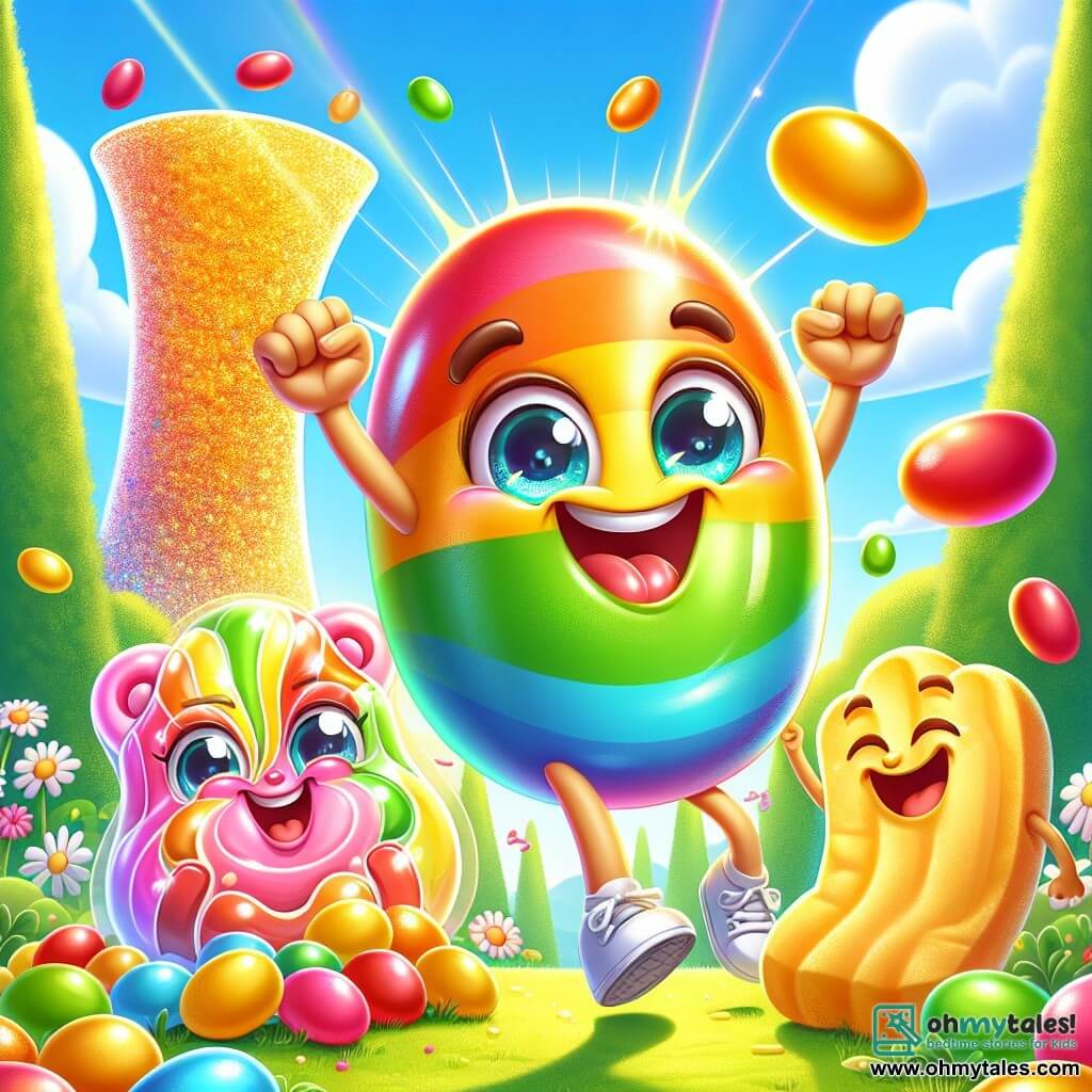 In the center of the image, Jolly, a cheerful jellybean-shaped candy, is rainbow-colored with sparkling mischievous eyes. He is jumping for joy, a wide smile on his face, holding a handful of multicolored jellybeans in his small hands. To his right, Crunchy, a crispy potato chip, is golden-colored with laughing eyes. He is laughing, arms raised in the air, as if he just told a joke. Gummy, a pink gummy bear, is to the left of Jolly, with a big smile and bright excited eyes. He is holding a giant jellybean, ready to take a bite, and looks like he’s about to burst into laughter. The setting is a sunny park in Snackville, filled with colorful flowers and large trees with bright green leaves. In the background, a giant tower of jellybeans sparkles in the sun, adding a magical touch to the scene. The main situation shows the friends preparing for their jellybean contest, surrounded by scattered jellybeans, laughing and having fun together in a joyful and festive atmosphere.