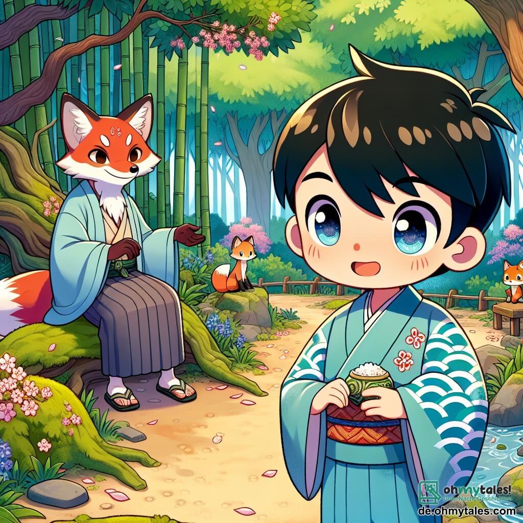 Kenta, ein zehnjähriger Junge mit schwarzen Haaren und neugierigen Augen, steht vor einem alten Erdbodenweg, sein Gesicht zeigt sowohl Aufregung als auch leichtes Angstzittern. Er trägt einen hellblauen Kimono mit Wellenmustern und hält einen kleinen Reisbehälter in seinen Händen, bereit, sein Abenteuer zu beginnen. Neben ihm sitzt ein alter Fuchs mit rotem Fell und weisem Blick, mindestens fünf Jahre alt, auf einem moosbedeckten Felsen und beobachtet Kenta ermutigend. Die Kulisse ist ein üppiger Wald mit majestätischen Bäumen, dicken Stämmen und leuchtend grünen Blättern, während zarte rosa und weiße Kirschblüten sanft um sie herum fallen und eine magische Atmosphäre schaffen. Kenta zögert, zwischen zwei Wegen zu wählen, einer von Bambus gesäumt und der andere mit Blütenblättern bedeckt, während der Fuchs ihn ermutigt, die richtige Wahl zu treffen, was den Beginn seiner Reise zum Gipfel des geheimnisvollen Berges symbolisiert.