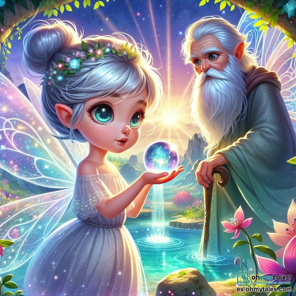 Lira, una joven hada con alas brillantes como gotas de rocío, se encuentra al borde de la misteriosa Fuente de Cristal. Su rostro irradia determinación y curiosidad, con cabello plateado flotando suavemente a su alrededor. Sostiene una pequeña esfera luminosa, la lágrima de luna, cerca de su corazón, lista para enfrentar el desafío que la espera. A su lado, Orión, un sabio anciano, aparece como una silueta etérea hecha de luz suave. Se ve como un hombre mayor, con una larga barba plateada y ojos brillantes de sabiduría. Se mantiene ligeramente al margen, observando a Lira con orgullo, sus brazos cruzados, como si la animara a abrazar su destino. El decorado es encantador: la Fuente de Cristal brilla bajo el sol, rodeada de flores coloridas y follaje exuberante. Rayos de luz filtran a través de las ramas de los árboles, creando un juego de sombras y luces en el aire fresco de la mañana. La escena principal muestra a Lira, llena de coraje, preparándose para usar la lágrima de luna para restaurar el equilibrio de su mundo, mientras Orión la anima con una mirada benevolente, en este lugar mágico donde la realidad y el sueño se encuentran.