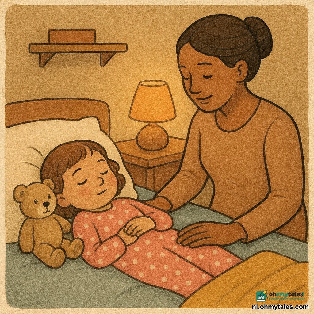 Een rustige slaperige 2-jarige dochter met kort kastanjebruin haar en kleine krulletjes ligt op bed met een klein teddy tegen haar wang, in een roze pyjama met witte stippen; haar ongeveer 32-jarige lieve, glimlachende moeder met haar in een knot zit rechts naast het bed en legt haar hand op de buik van het kind om haar langzaam te laten ademen; een versleten beige knuffelbeer ligt bij het kussen; de kleine warme slaapkamer heeft een ronde nachtlamp met oranje gloed, crèmekleurige muren, een lichthouten plank, een crème wollen tapijt, een lichtblauwe dunne dekking en een opgevouwen mosterdgeel plaid aan het voeteneinde; de sfeer is vredig en intiem met zachte texturen, lange schaduwen en ronde contouren terwijl moeder en kind ontspannen en kalm samen ademhalen richting slaap.