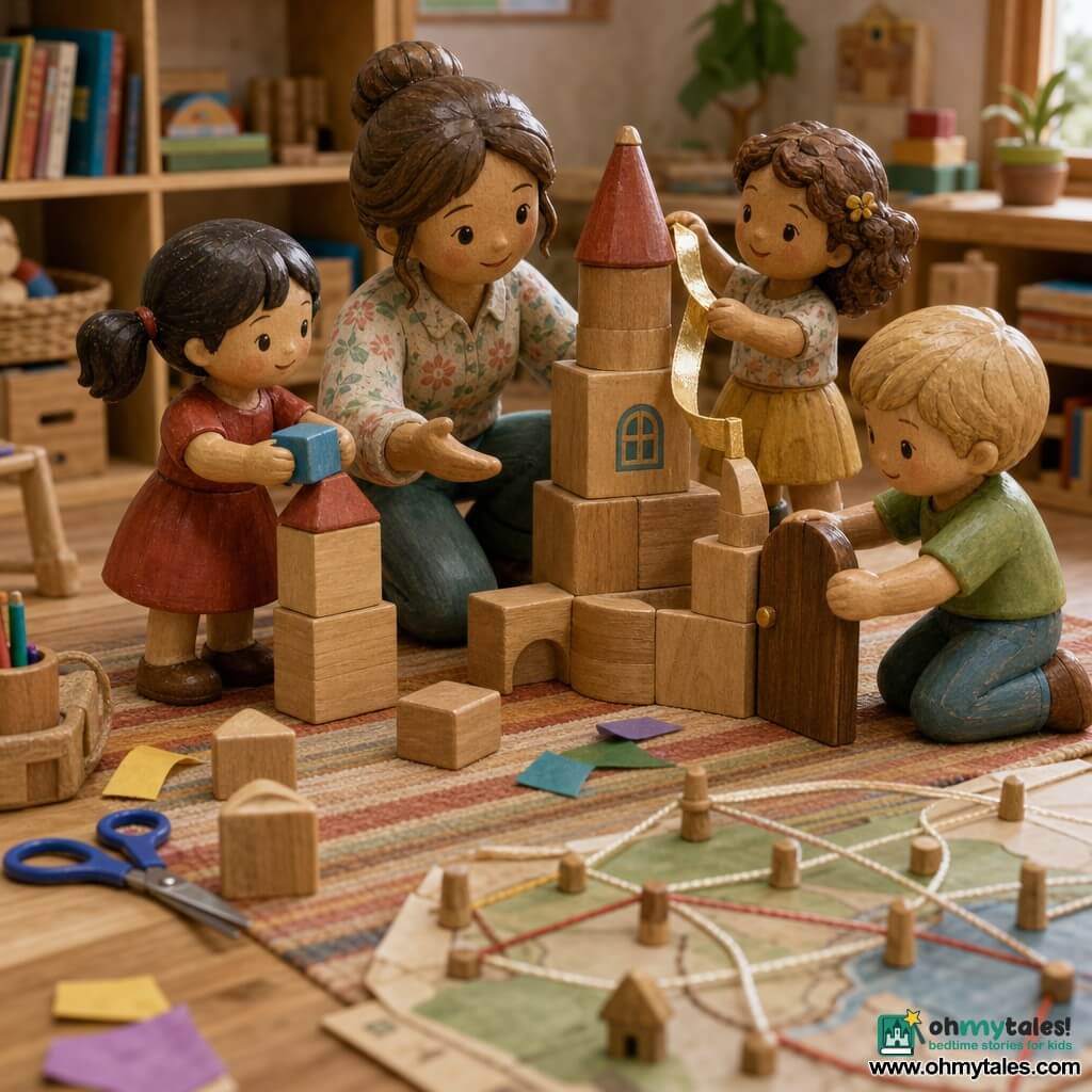A warm, smiling female teacher with chestnut hair in a loose bun kneels and offers a small wooden hand to help a child place a block as children build a large wooden-block castle: a 4-year-old girl with black pigtails in a red dress places a blue block on top left, a 5-year-old blond boy in a green t-shirt sets a brown wooden door at the front right, another 4-year-old girl with curly brown hair and a yellow skirt holds a shiny ribbon behind the structure; the cozy classroom has a warm striped rug, light wood low table, shelves of colorful books, baskets of objects, and craft scraps and scissors nearby, creating a soft, welcoming atmosphere.