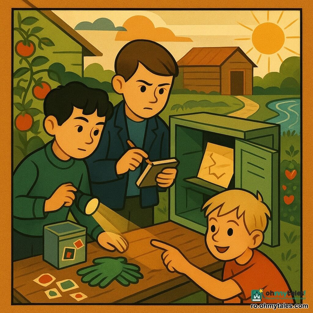 Sunt trei băieți de 8 ani—Radu, serios, păr brun scurt, vestă bleumarin, ține un carnețel și un creion; Dima, energic, păr blond cenușiu, tricou roșu, arătând o urmă de pământ pe masă; Luca, creativ, păr negru dezordonat, pulover verde, ține o lanternă și o cutie cu abțibilduri—într-o grădină comună în aer liber cu alei pave, rabate de tomate și căpșuni, o magazie de lemn și o serie de dulapuri metalice vopsite verde pal; cei trei sunt adunați în jurul unui dulap metalic întredeschis pe o masă de lemn uzată, în interior se vede o cutie metalică deschisă cu un pachet mic de semințe și o hârtie galbenă mototolită lipită de ea, mănuși verzi și abțibilduri risipite, lumina lanternei pe hârtia galbenă, atmosferă calmă și curioasă.